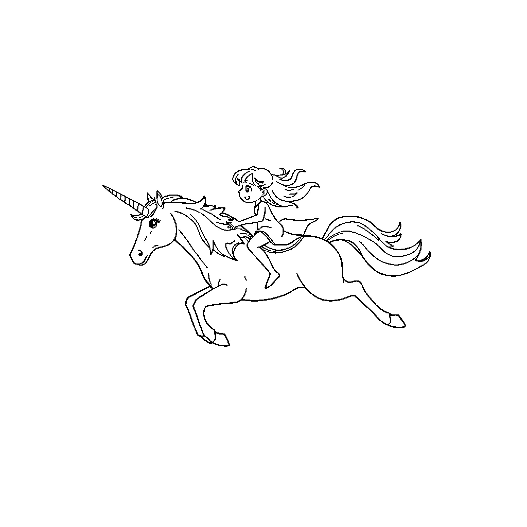 Unicorn and rider galloping across the field Coloring Page (free black-and-white line drawing printable PDF for all, from beginners to advanced learners, including children, teens, adults, and seniors)