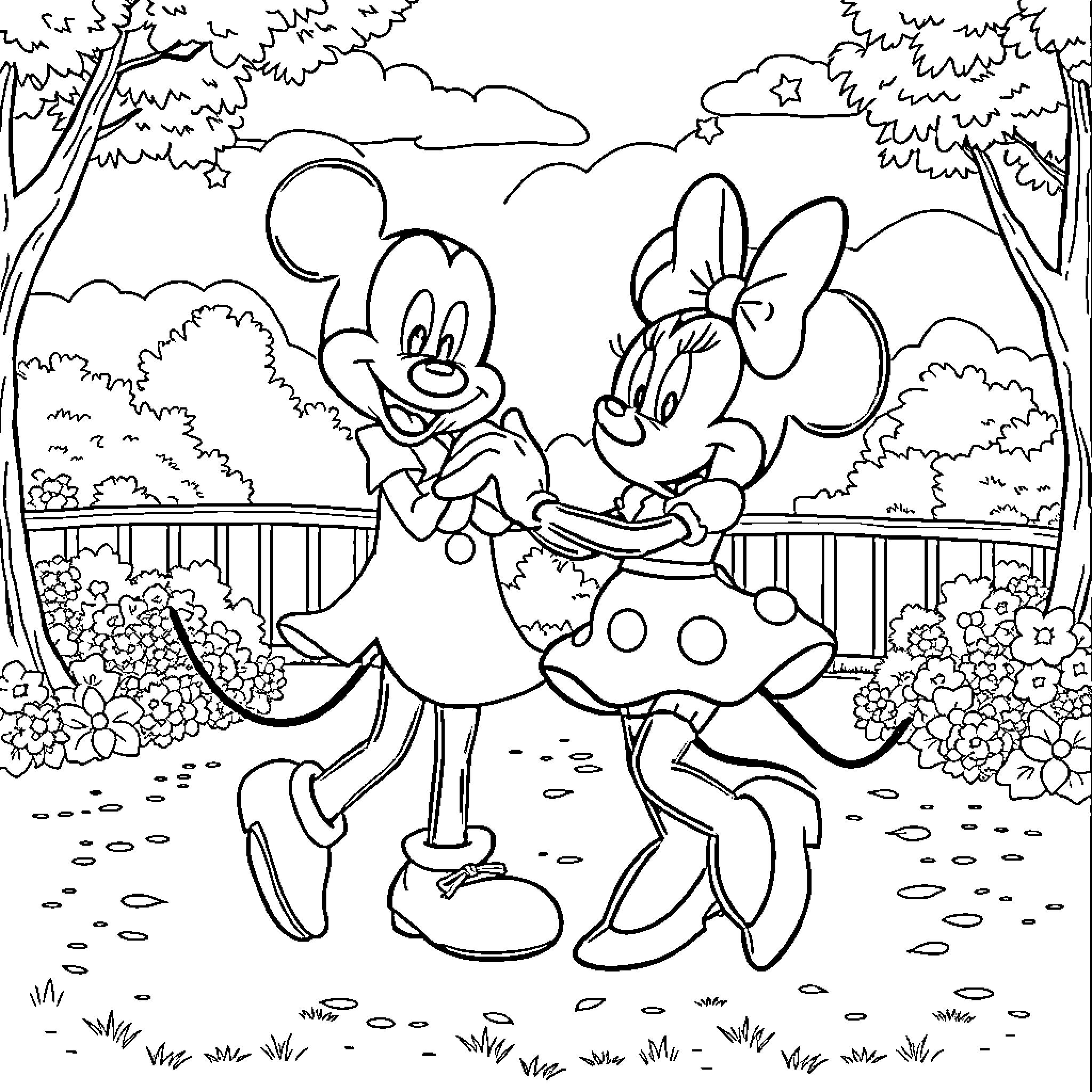 Bluey and Minnie Mouse exploring the garden Coloring Page (free black-and-white line drawing printable PDF for all, from beginners to advanced learners, including children, teens, adults, and seniors)