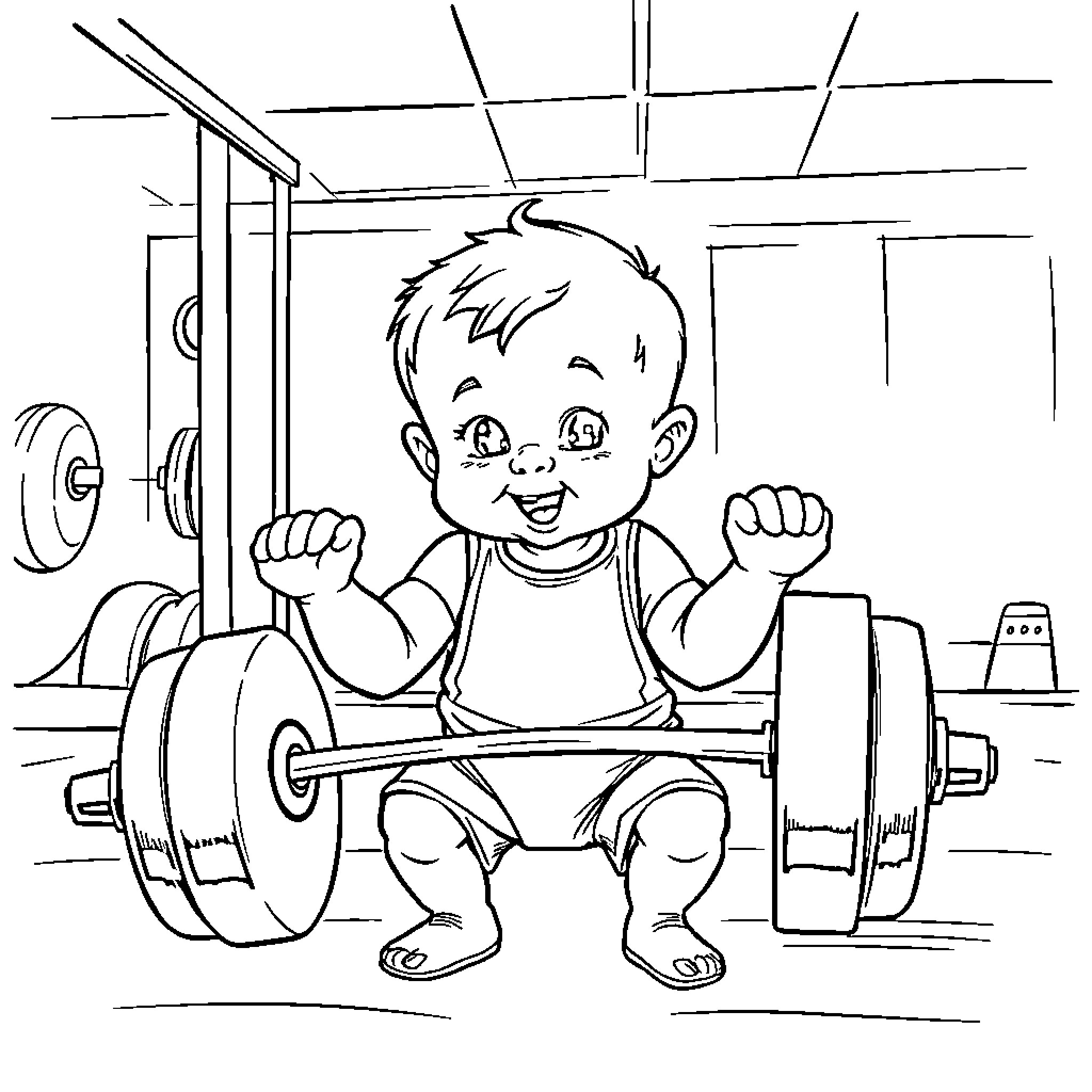 Baby Lifting Weights at the Gym Coloring Page (free black-and-white line drawing printable PDF for all, from beginners to advanced learners, including children, teens, adults, and seniors)
