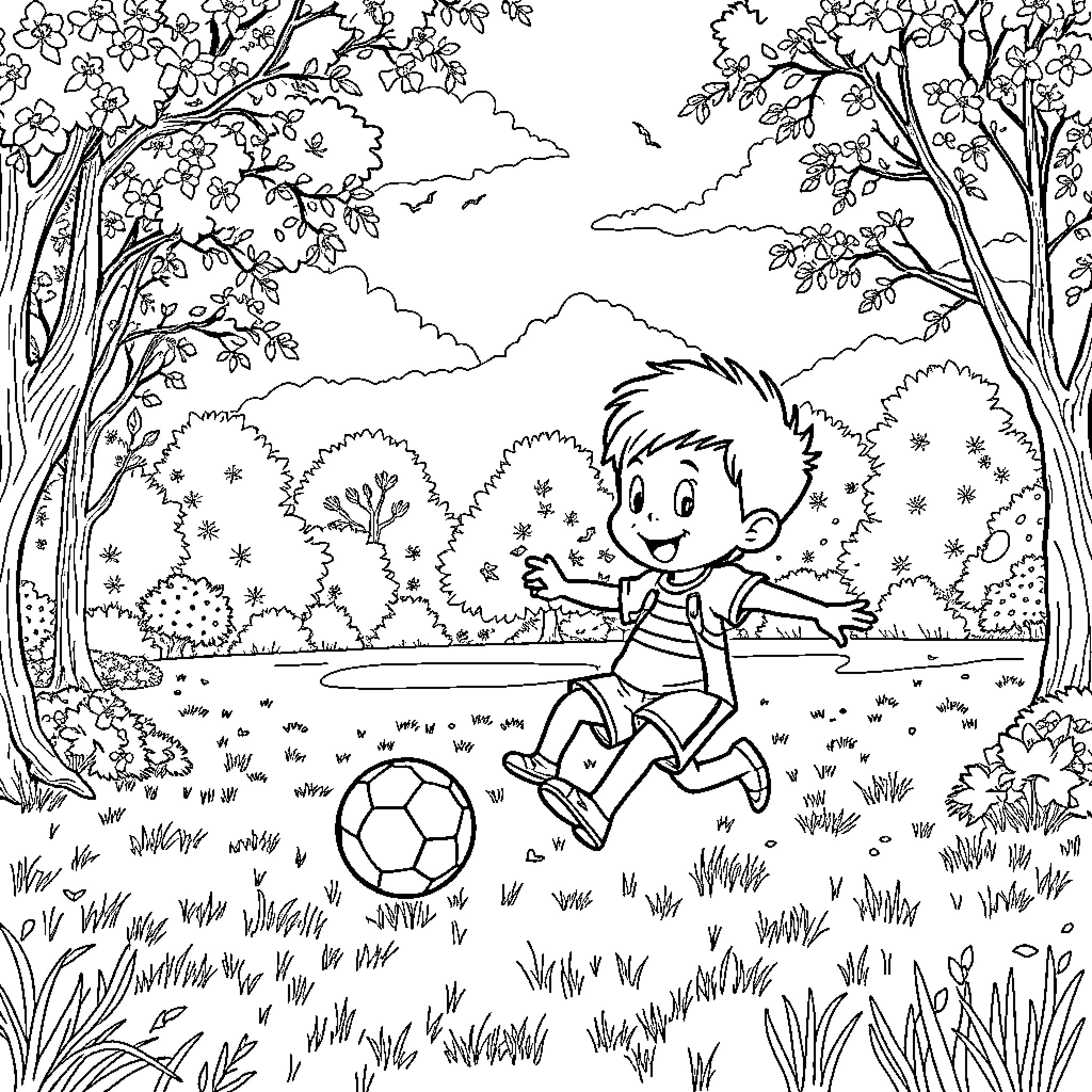 Labubu plays joyfully with a soccer ball in the park Coloring Page (free black-and-white line drawing printable PDF for all, from beginners to advanced learners, including children, teens, adults, and seniors)