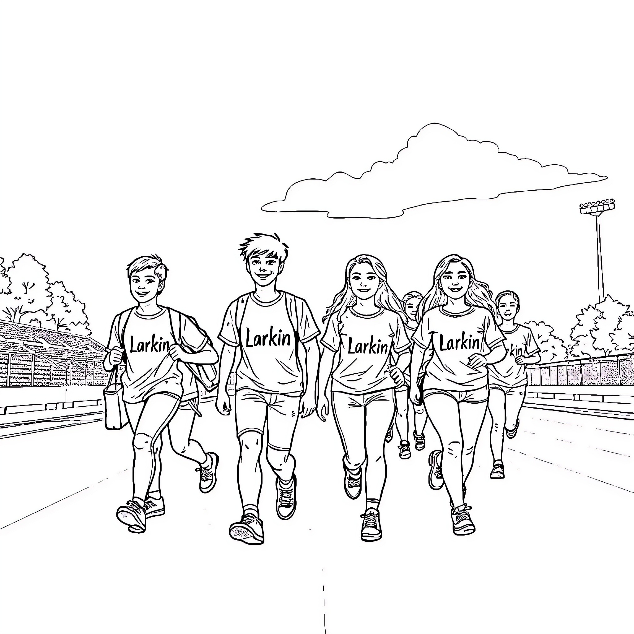 Students running together on a track field Coloring Page (free black-and-white line drawing printable PDF for all, from beginners to advanced learners, including children, teens, adults, and seniors)