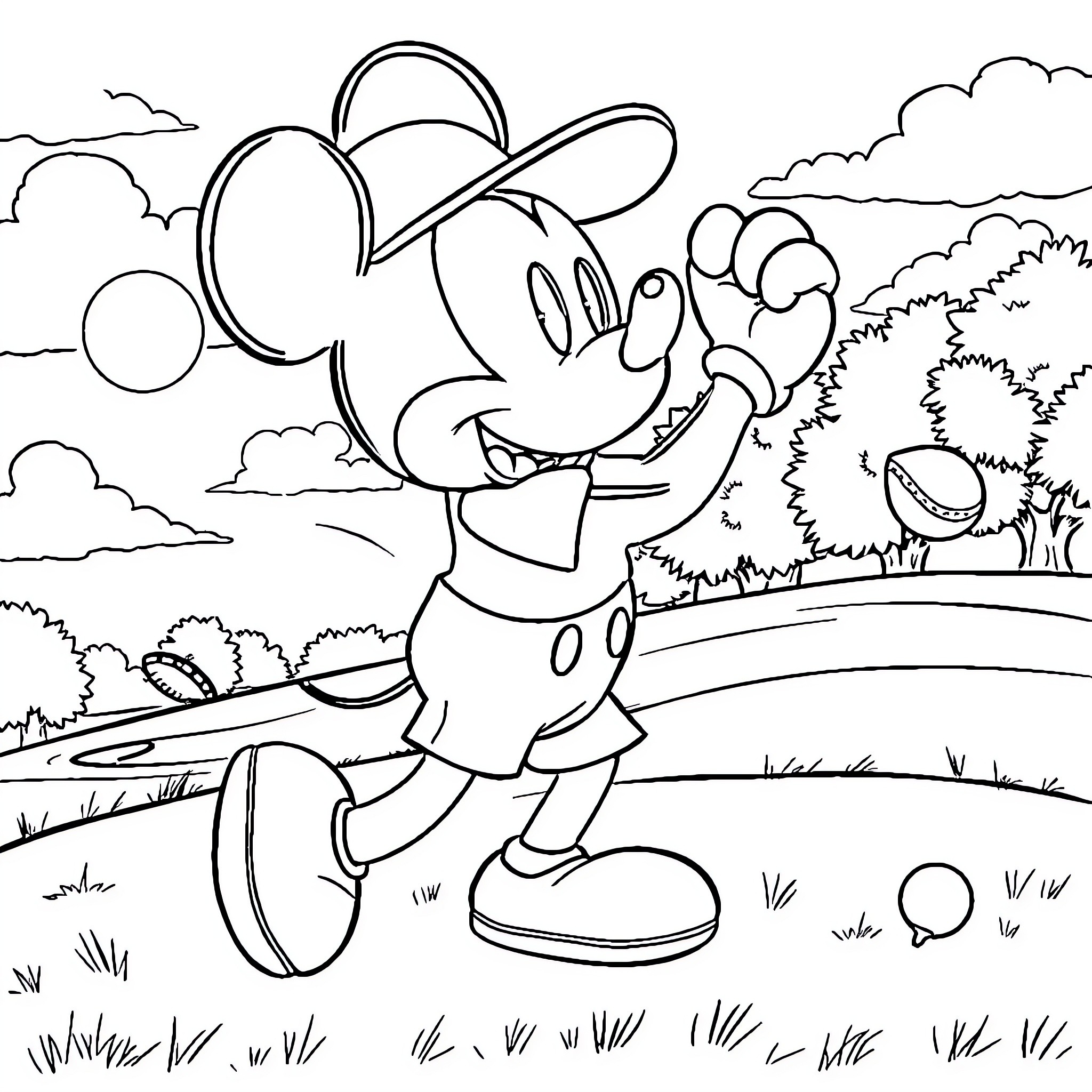 Mickey Mouse exploring the outdoors happily Coloring Page (free black-and-white line drawing printable PDF for all, from beginners to advanced learners, including children, teens, adults, and seniors)