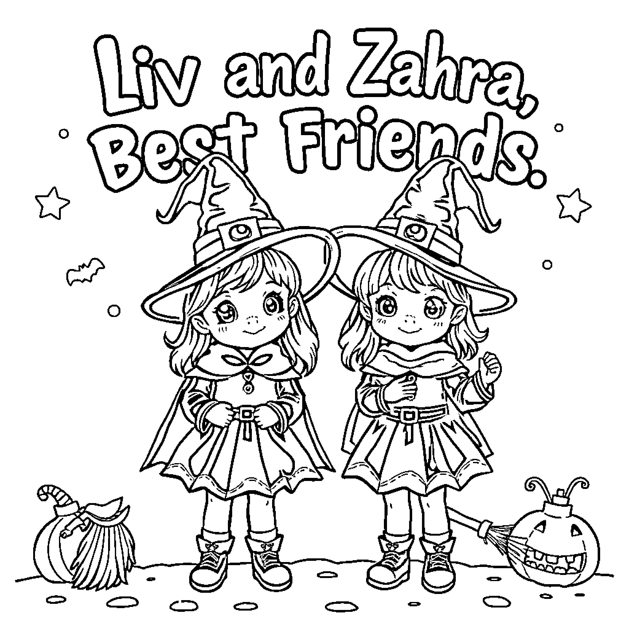 Witch friends Liv and Zahra enjoying Halloween Coloring Page (free black-and-white line drawing printable PDF for all, from beginners to advanced learners, including children, teens, adults, and seniors)
