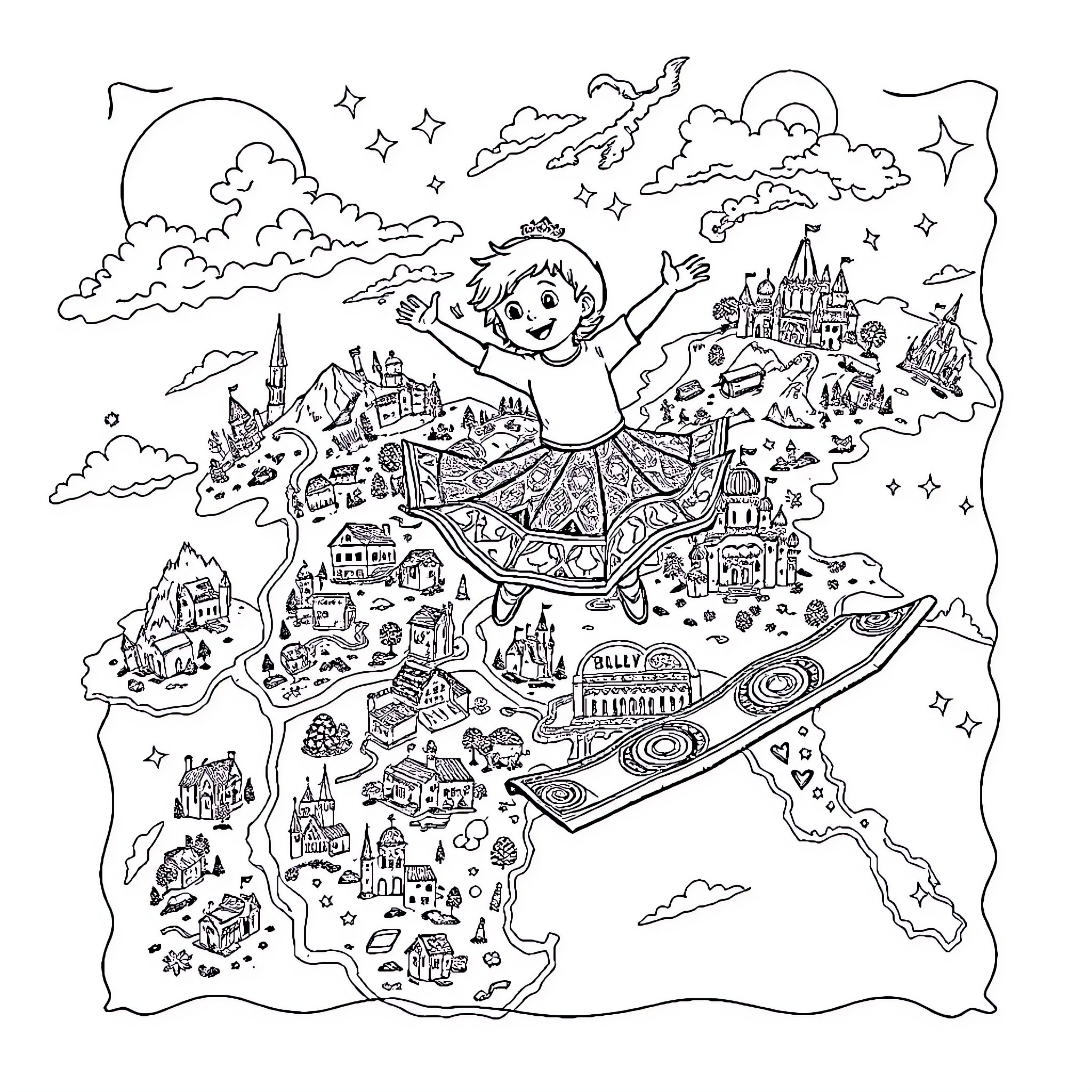 Map of Imaginary Fantastical World Coloring Page (free black-and-white line drawing printable PDF for all, from beginners to advanced learners, including children, teens, adults, and seniors)