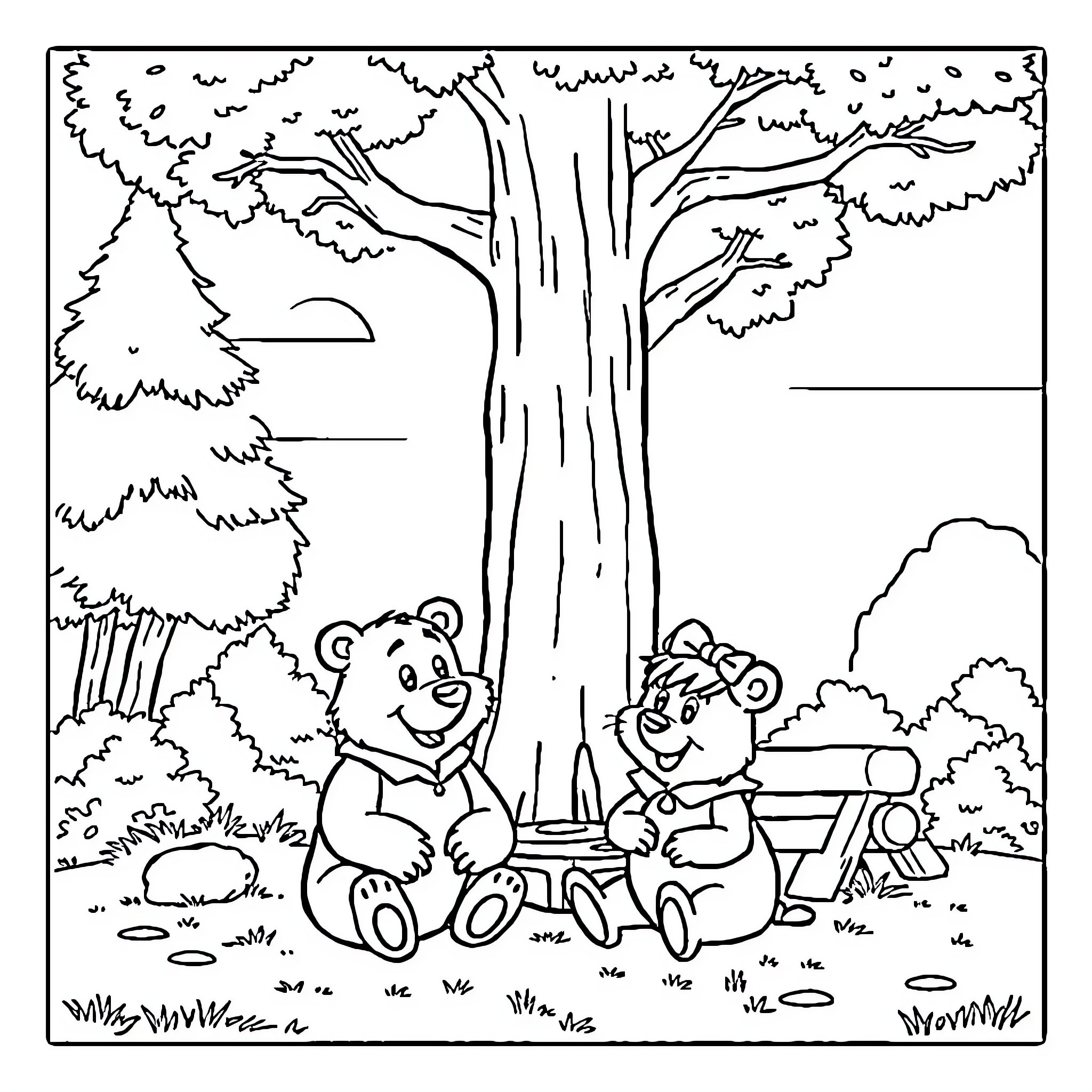 Bear friends exploring the forest landscape Coloring Page (free black-and-white line drawing printable PDF for all, from beginners to advanced learners, including children, teens, adults, and seniors)