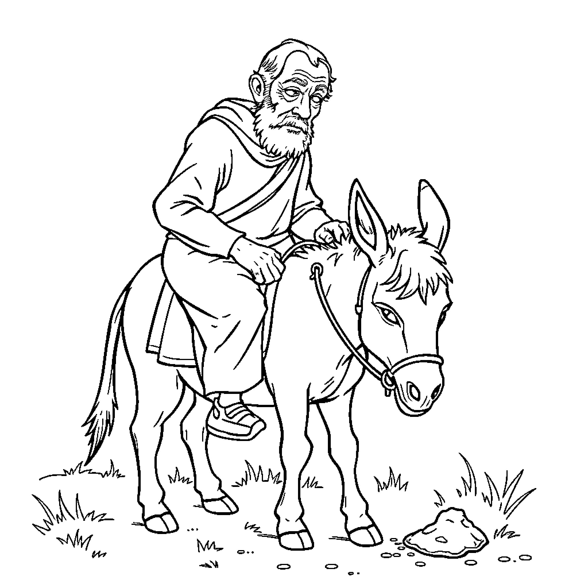 Man riding a donkey on a path Coloring Page (free black-and-white line drawing printable PDF for all, from beginners to advanced learners, including children, teens, adults, and seniors)