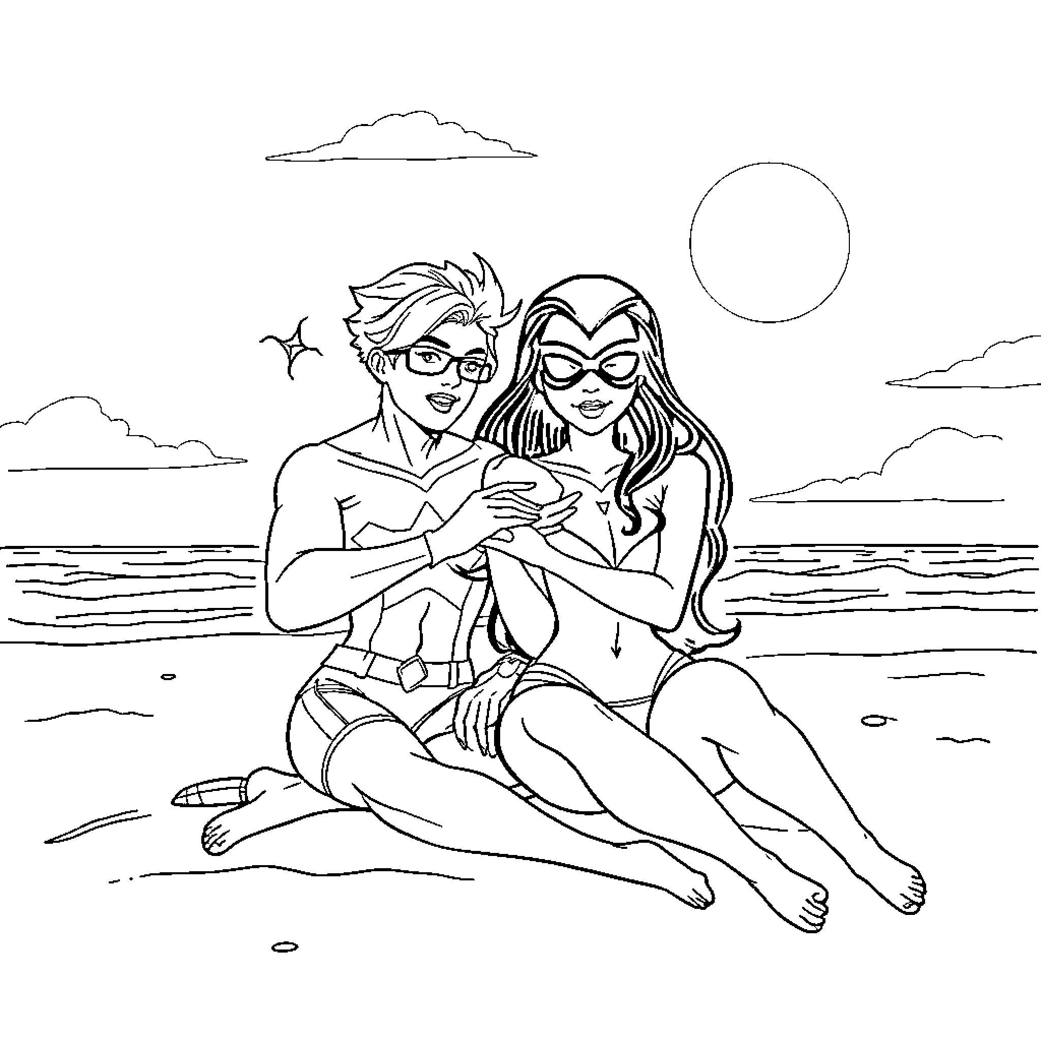 Starfire and Robin enjoying a moment on the beach Coloring Page (free black-and-white line drawing printable PDF for all, from beginners to advanced learners, including children, teens, adults, and seniors)