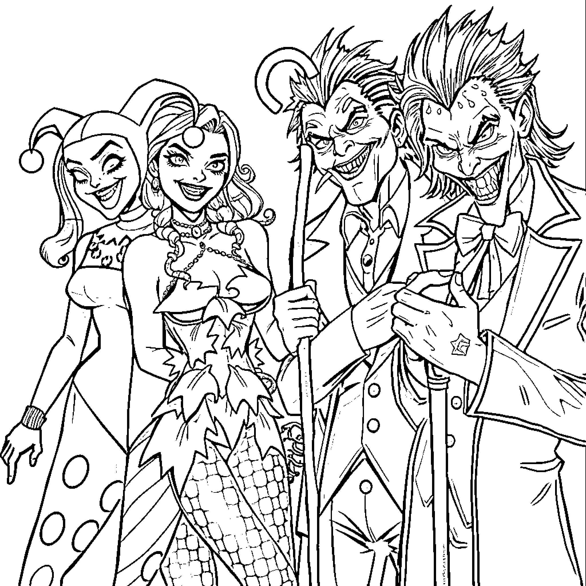 Villainous Trio in Colorful Costumes Coloring Page (free black-and-white line drawing printable PDF for all, from beginners to advanced learners, including children, teens, adults, and seniors)