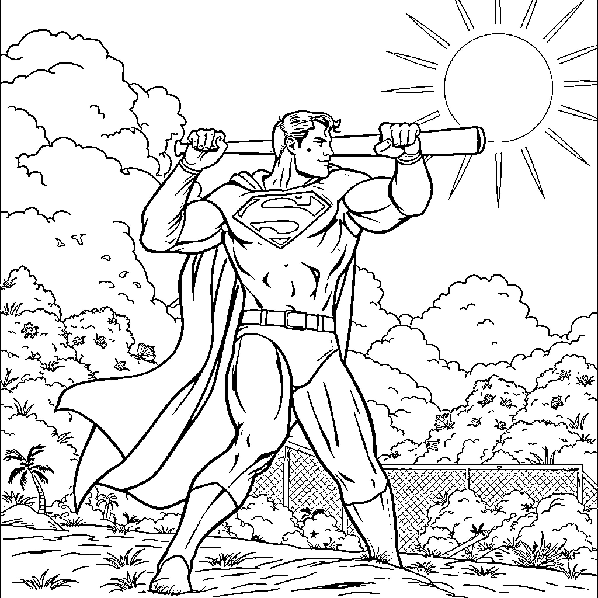 Superman heroically lifting a tree trunk in the forest Coloring Page (free black-and-white line drawing printable PDF for all, from beginners to advanced learners, including children, teens, adults, and seniors)