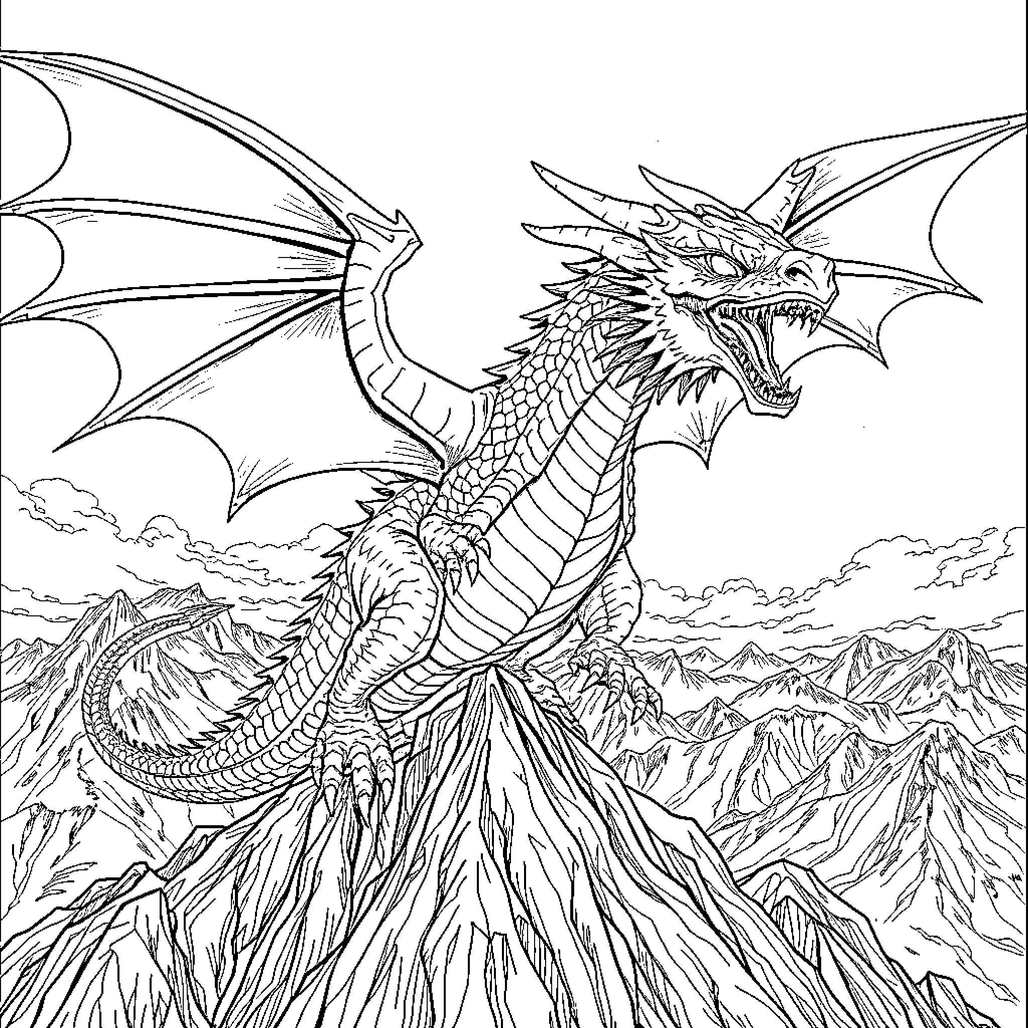 Dragon soaring over majestic mountain landscape Coloring Page (free black-and-white line drawing printable PDF for all, from beginners to advanced learners, including children, teens, adults, and seniors)