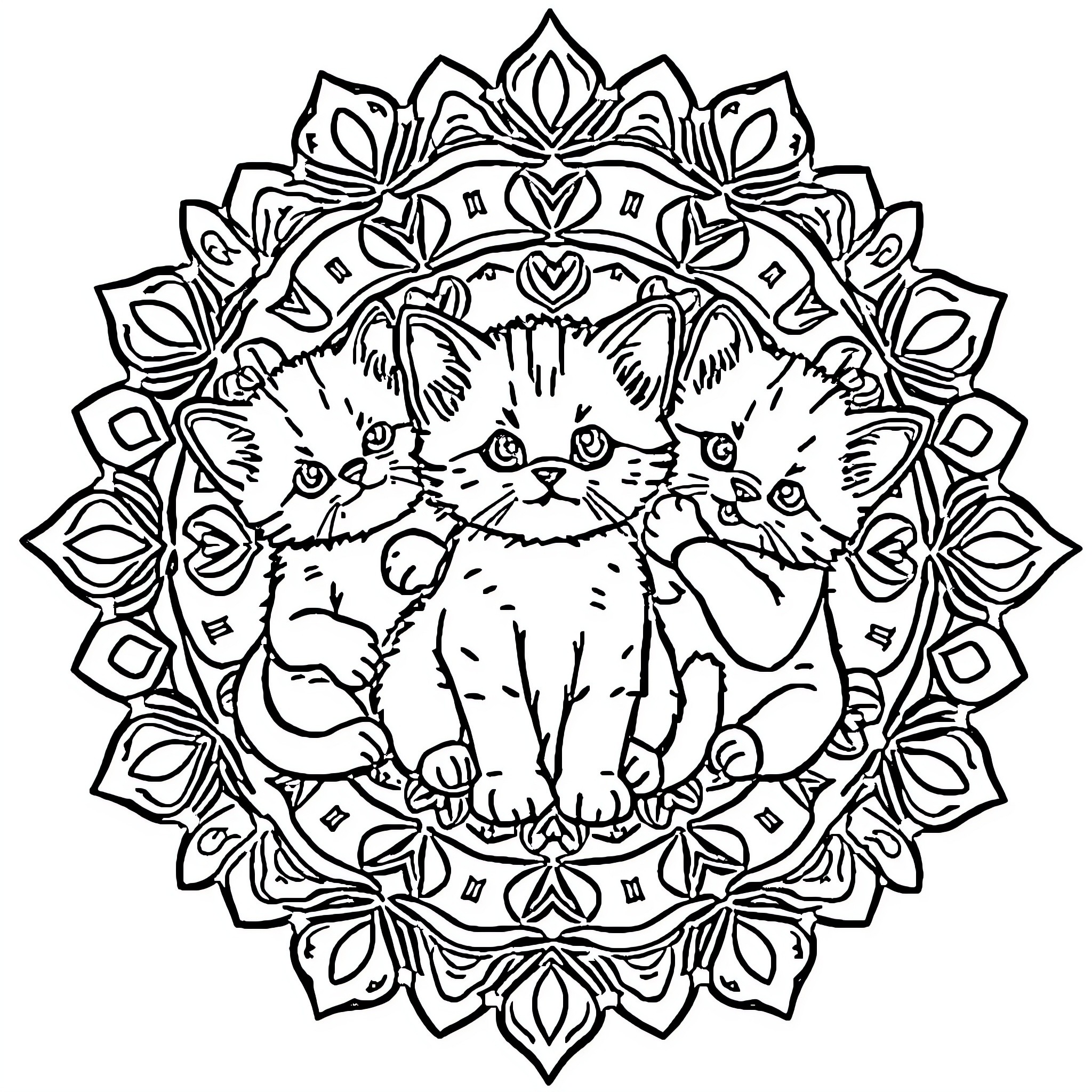 Kittens adorably nested within decorative mandala Coloring Page (free black-and-white line drawing printable PDF for all, from beginners to advanced learners, including children, teens, adults, and seniors)
