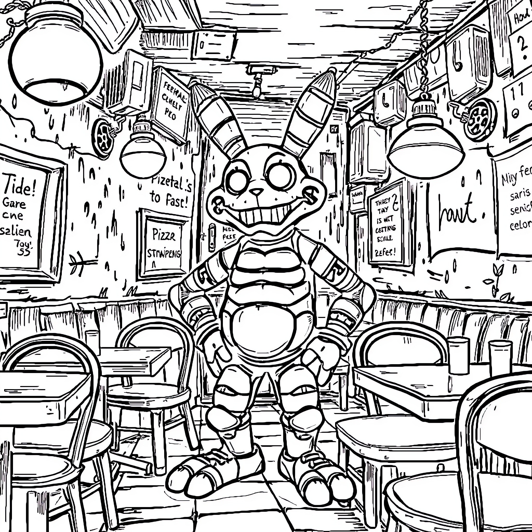 Springtrap explores the vibrant and lively pizzeria Coloring Page (free black-and-white line drawing printable PDF for all, from beginners to advanced learners, including children, teens, adults, and seniors)
