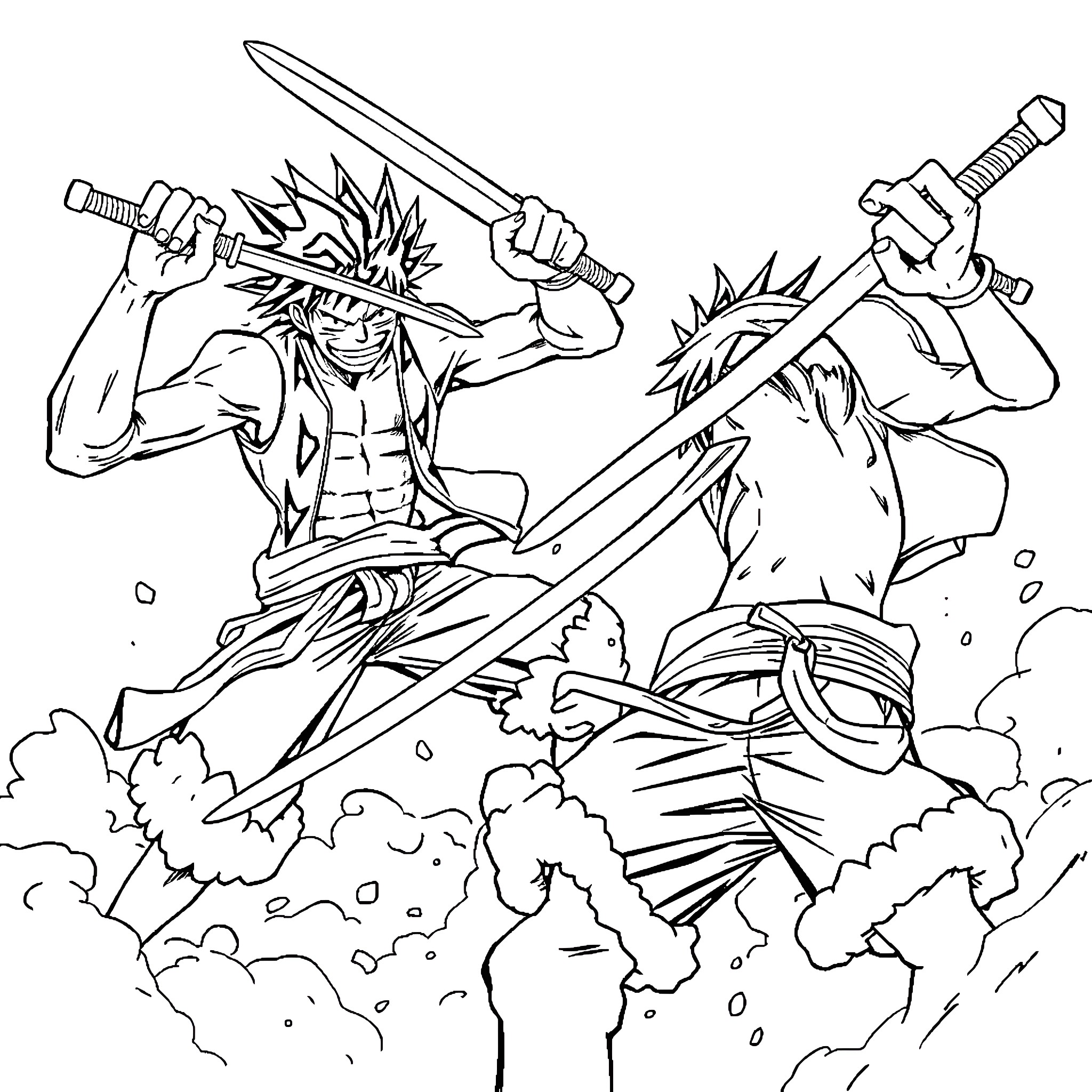 Monkey D Luffy's intense battle with swords Coloring Page (free black-and-white line drawing printable PDF for all, from beginners to advanced learners, including children, teens, adults, and seniors)