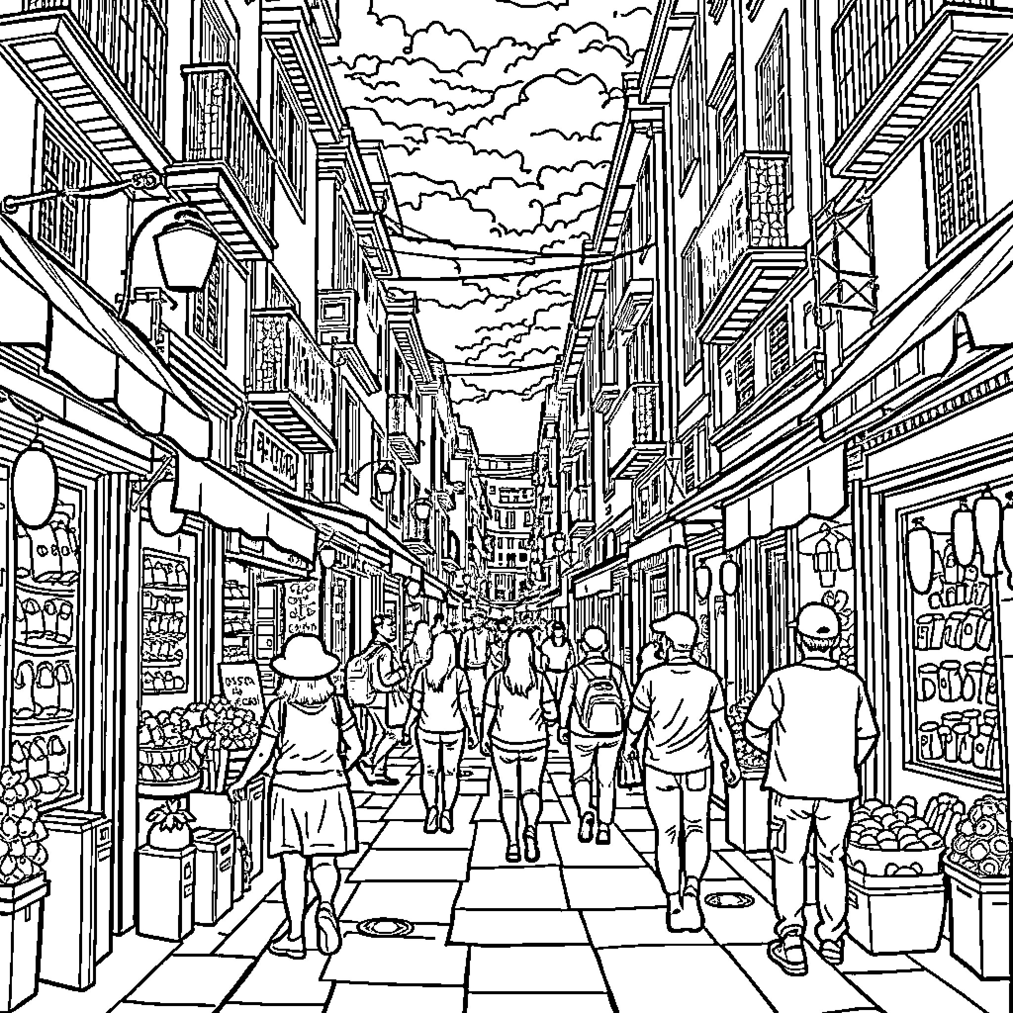 City Street Scene with Bustling Pedestrians Coloring Page (free black-and-white line drawing printable PDF for all, from beginners to advanced learners, including children, teens, adults, and seniors)