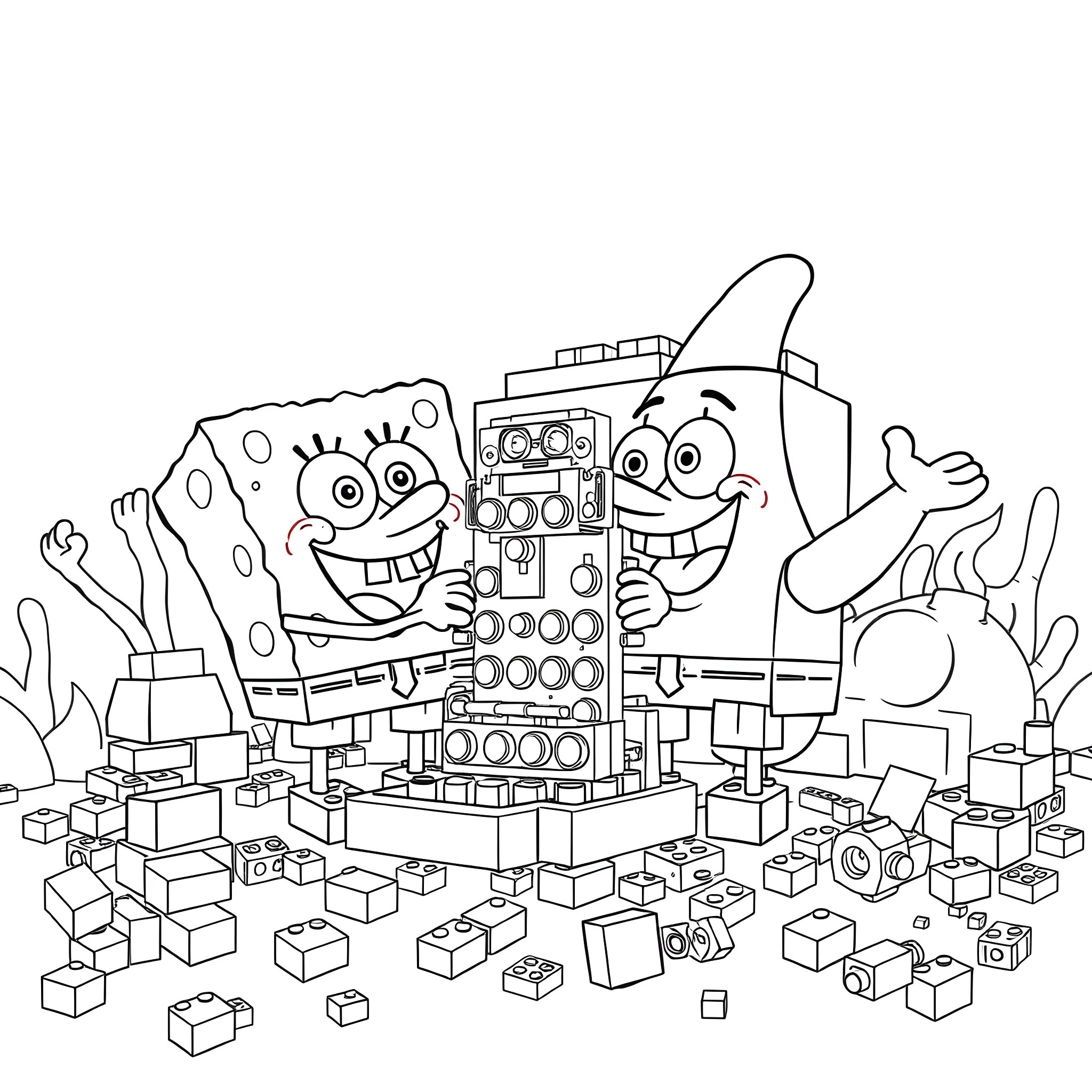 Spongebob and friends build an exciting toy city Coloring Page (free black-and-white line drawing printable PDF for all, from beginners to advanced learners, including children, teens, adults, and seniors)