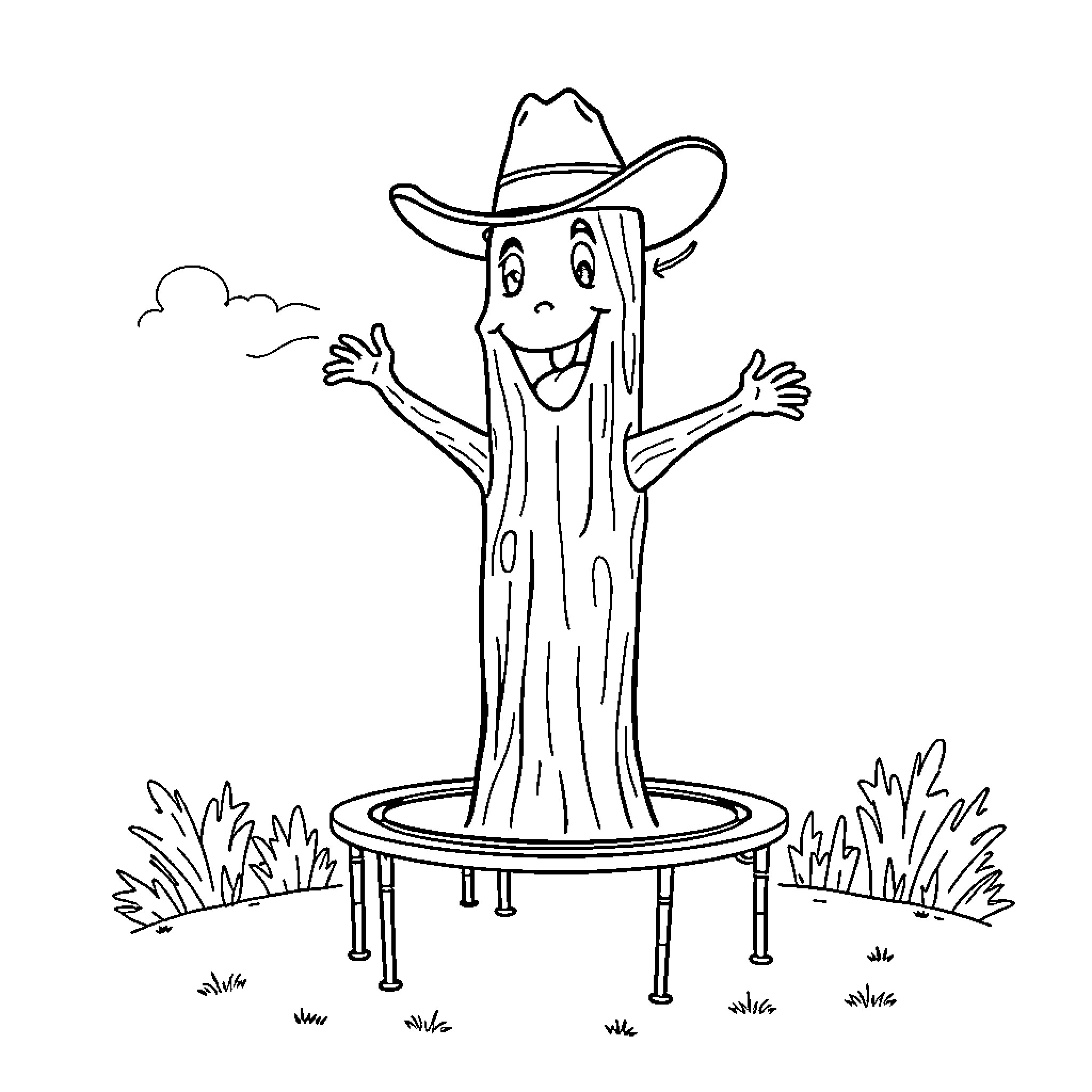Tree happily jumping on trampoline Coloring Page (free black-and-white line drawing printable PDF for all, from beginners to advanced learners, including children, teens, adults, and seniors)