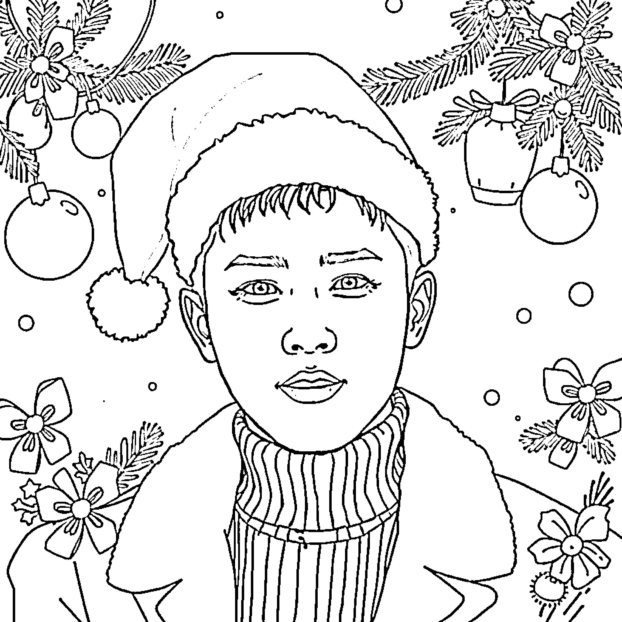 K Pop Holiday Festivities and Cheer Coloring Page (free black-and-white line drawing printable PDF for all, from beginners to advanced learners, including children, teens, adults, and seniors)