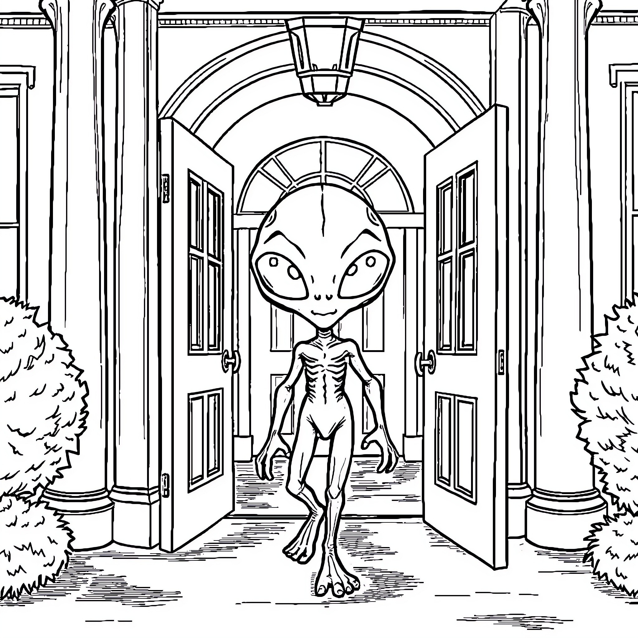 Alien exploring a mysterious mansion Coloring Page (free black-and-white line drawing printable PDF for all, from beginners to advanced learners, including children, teens, adults, and seniors)