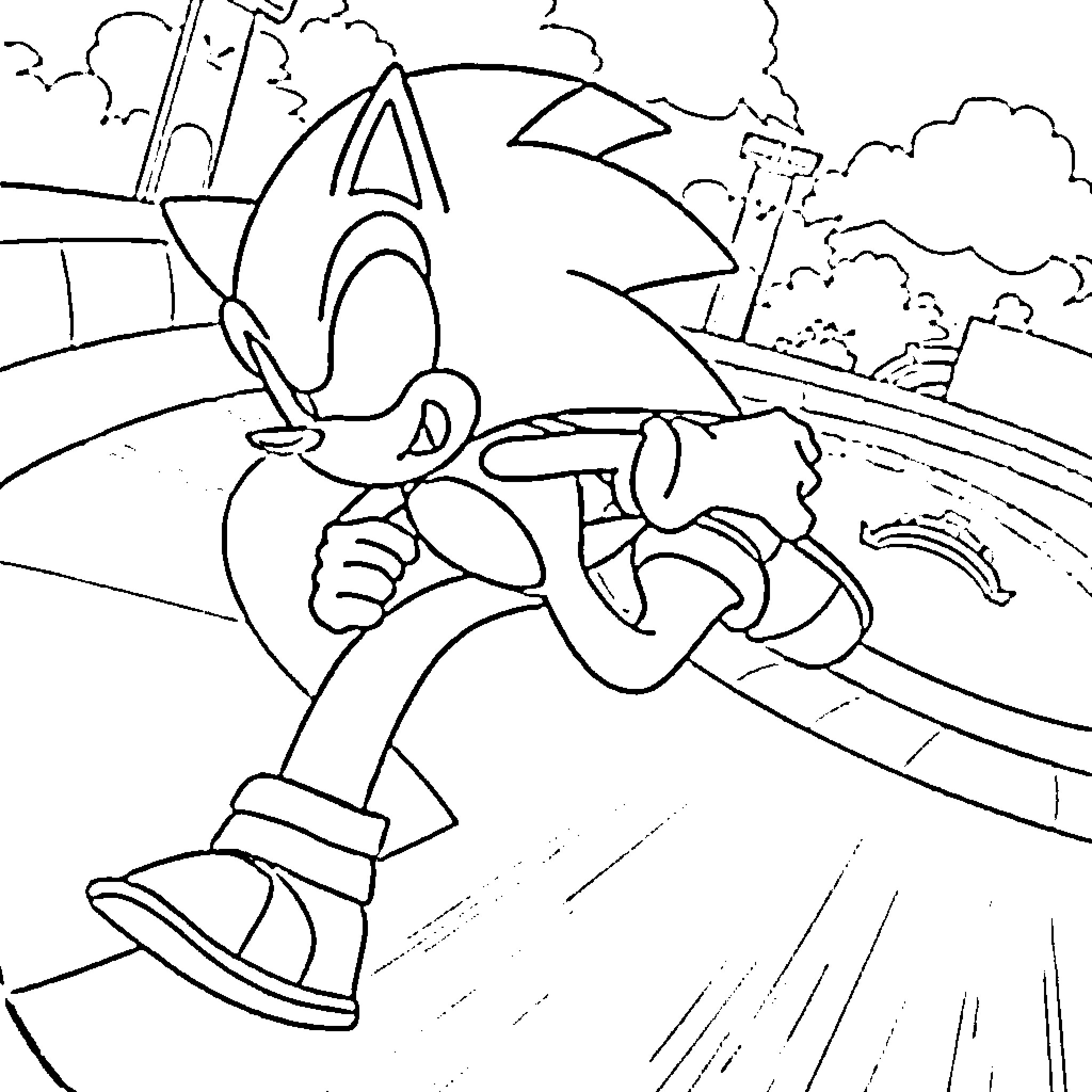 Sonic speeding through a scenic environment Coloring Page (free black-and-white line drawing printable PDF for all, from beginners to advanced learners, including children, teens, adults, and seniors)