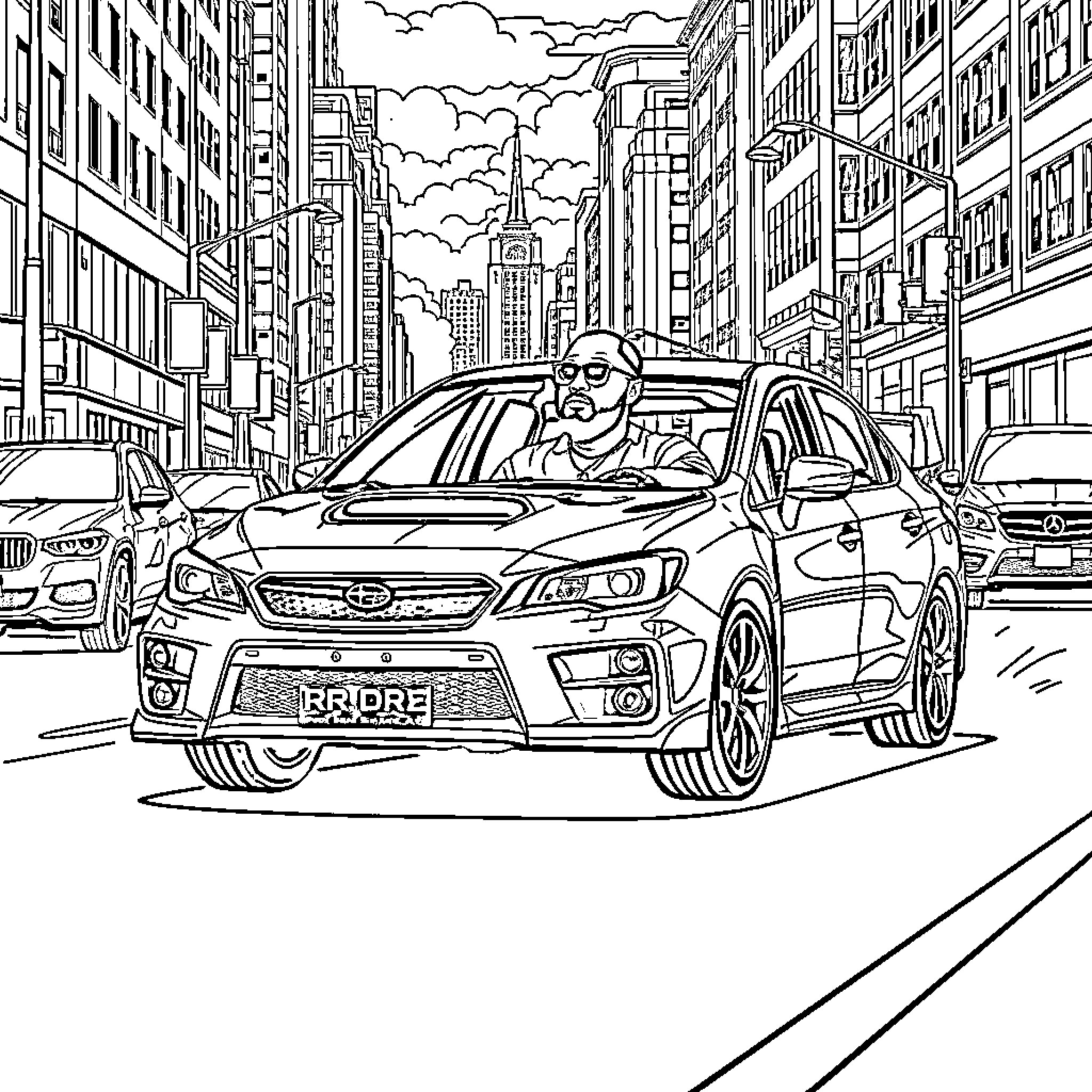 Dr. Dre's Sleek Car on the Bustling City Street Coloring Page (free black-and-white line drawing printable PDF for all, from beginners to advanced learners, including children, teens, adults, and seniors)