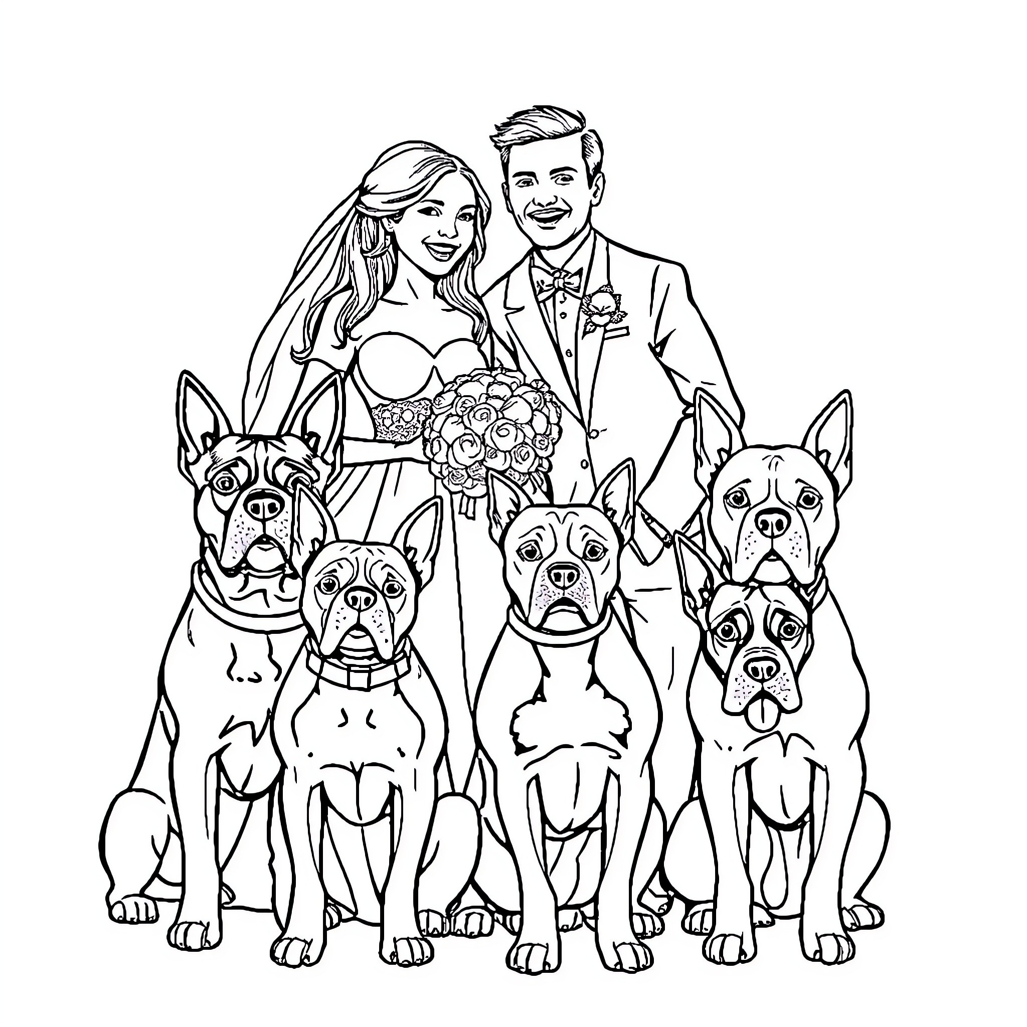 Couple with wedding party of dogs Coloring Page (free black-and-white line drawing printable PDF for all, from beginners to advanced learners, including children, teens, adults, and seniors)