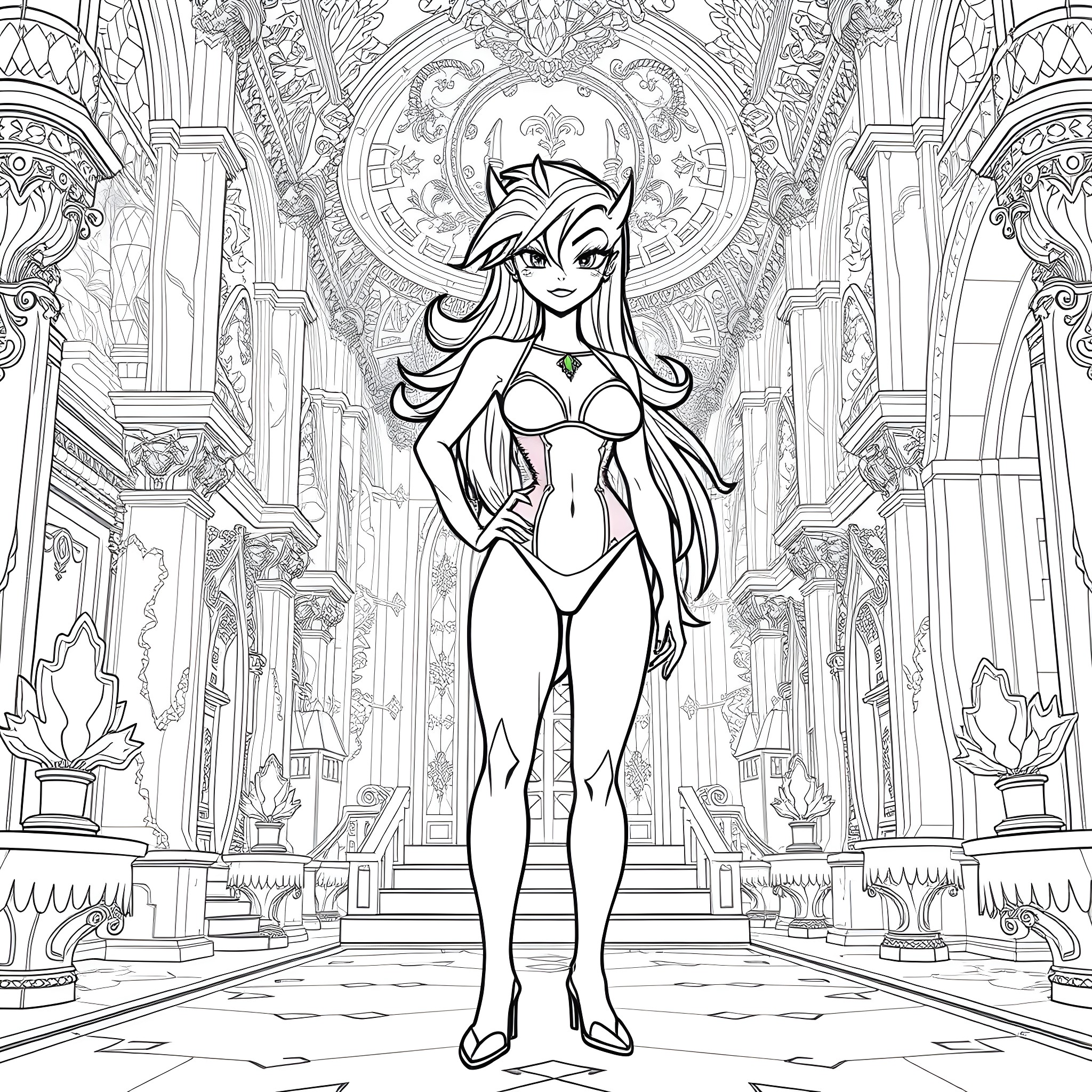Shadowheart: Mythical Goddess in Ornate Palace Coloring Page (free black-and-white line drawing printable PDF for all, from beginners to advanced learners, including children, teens, adults, and seniors)