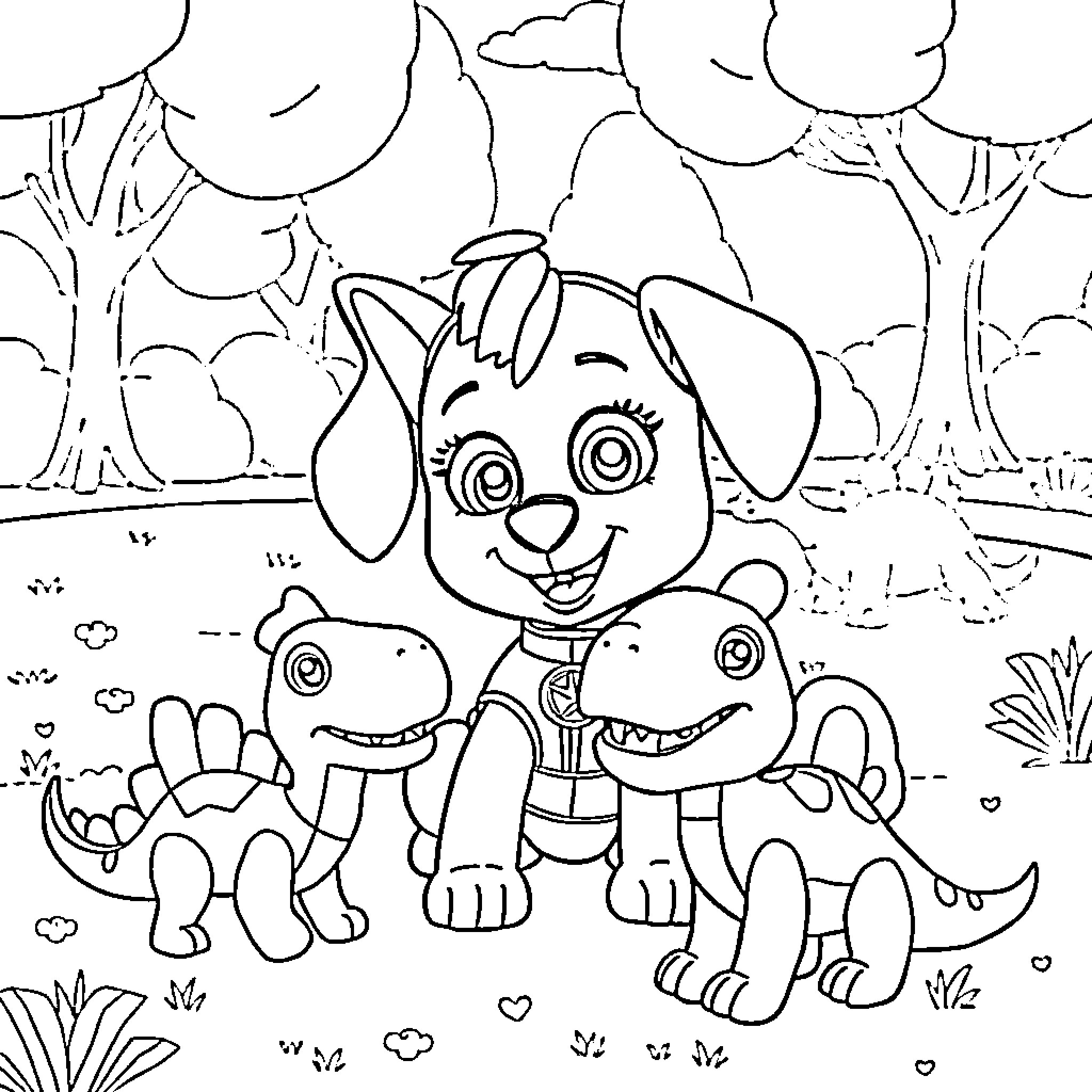 Skye and her puppy friends explore the outdoors Coloring Page (free black-and-white line drawing printable PDF for all, from beginners to advanced learners, including children, teens, adults, and seniors)