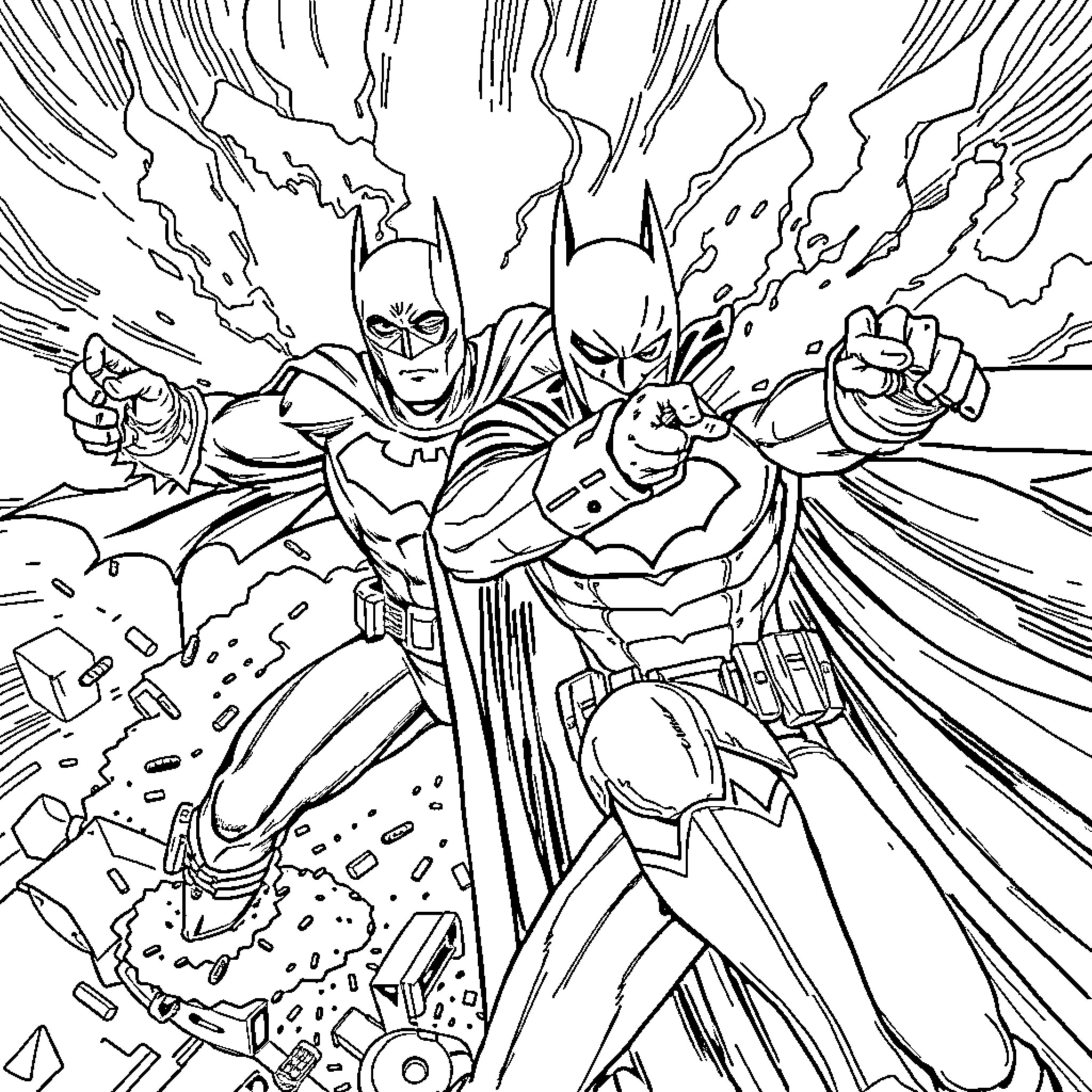 Courage of the Caped Crusaders in Action Coloring Page (free black-and-white line drawing printable PDF for all, from beginners to advanced learners, including children, teens, adults, and seniors)