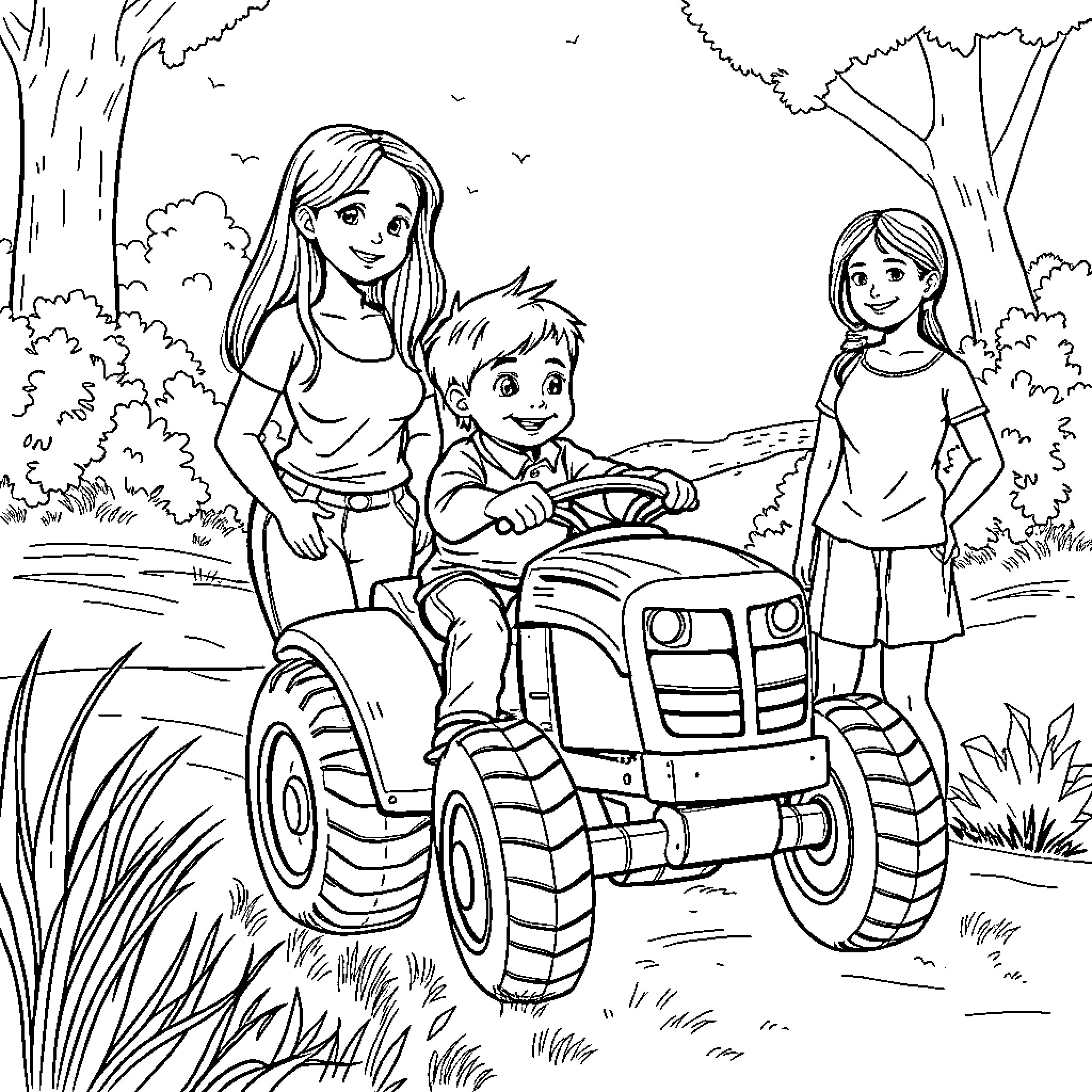 Boy riding tractor with family in the countryside Coloring Page (free black-and-white line drawing printable PDF for all, from beginners to advanced learners, including children, teens, adults, and seniors)
