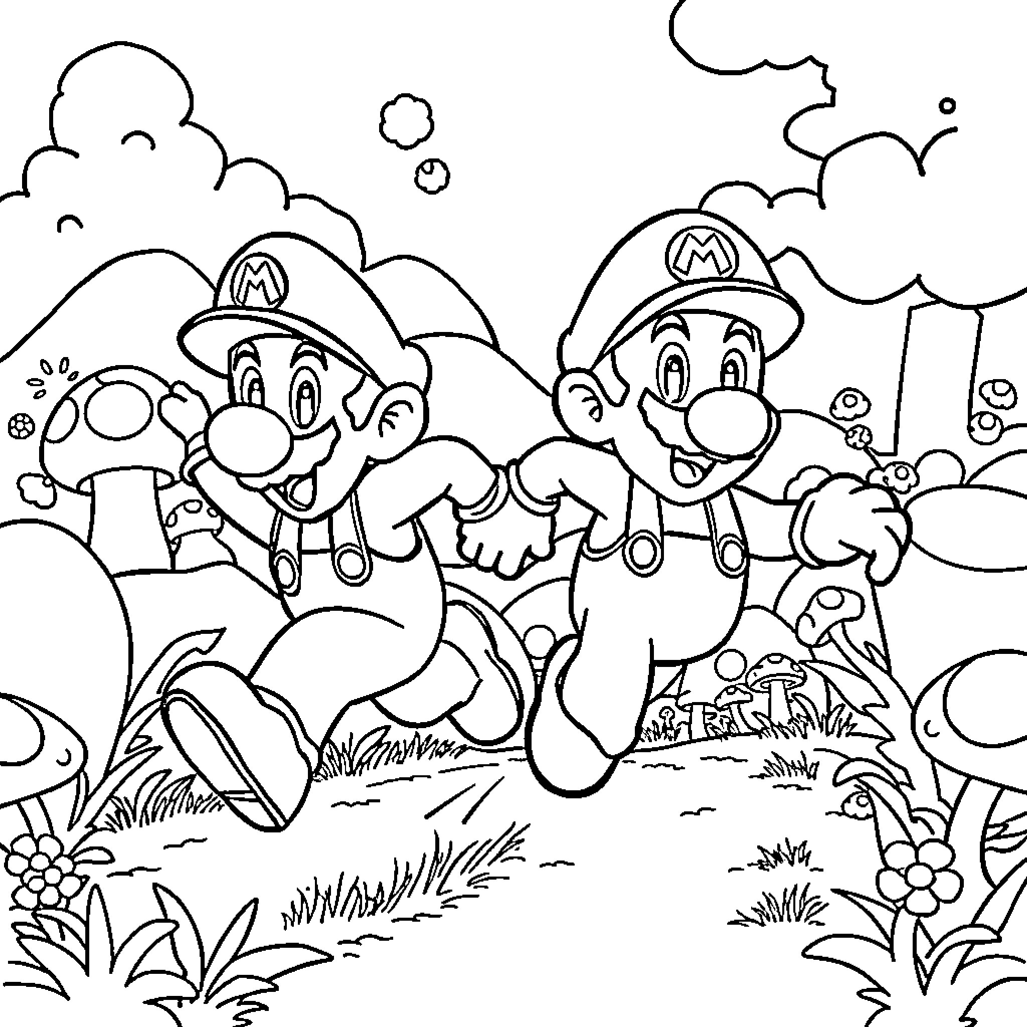 Mario Brothers exploring whimsical mushroom world Coloring Page (free black-and-white line drawing printable PDF for all, from beginners to advanced learners, including children, teens, adults, and seniors)