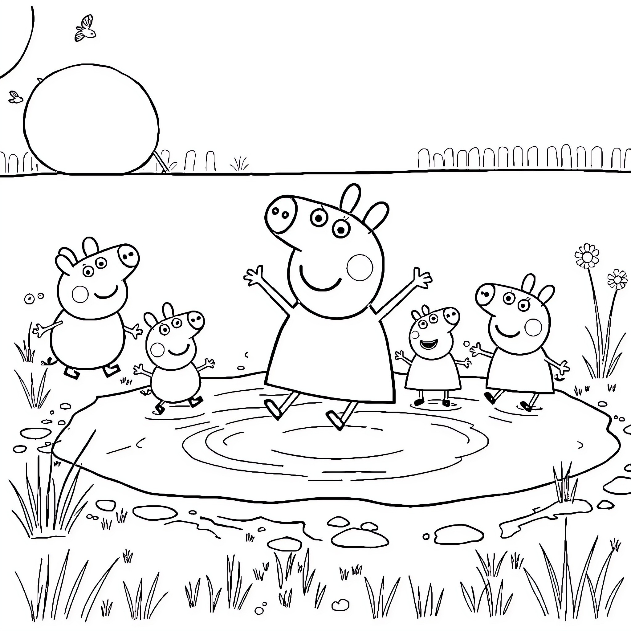 Peppa Pig family having fun in the park Coloring Page (free black-and-white line drawing printable PDF for all, from beginners to advanced learners, including children, teens, adults, and seniors)