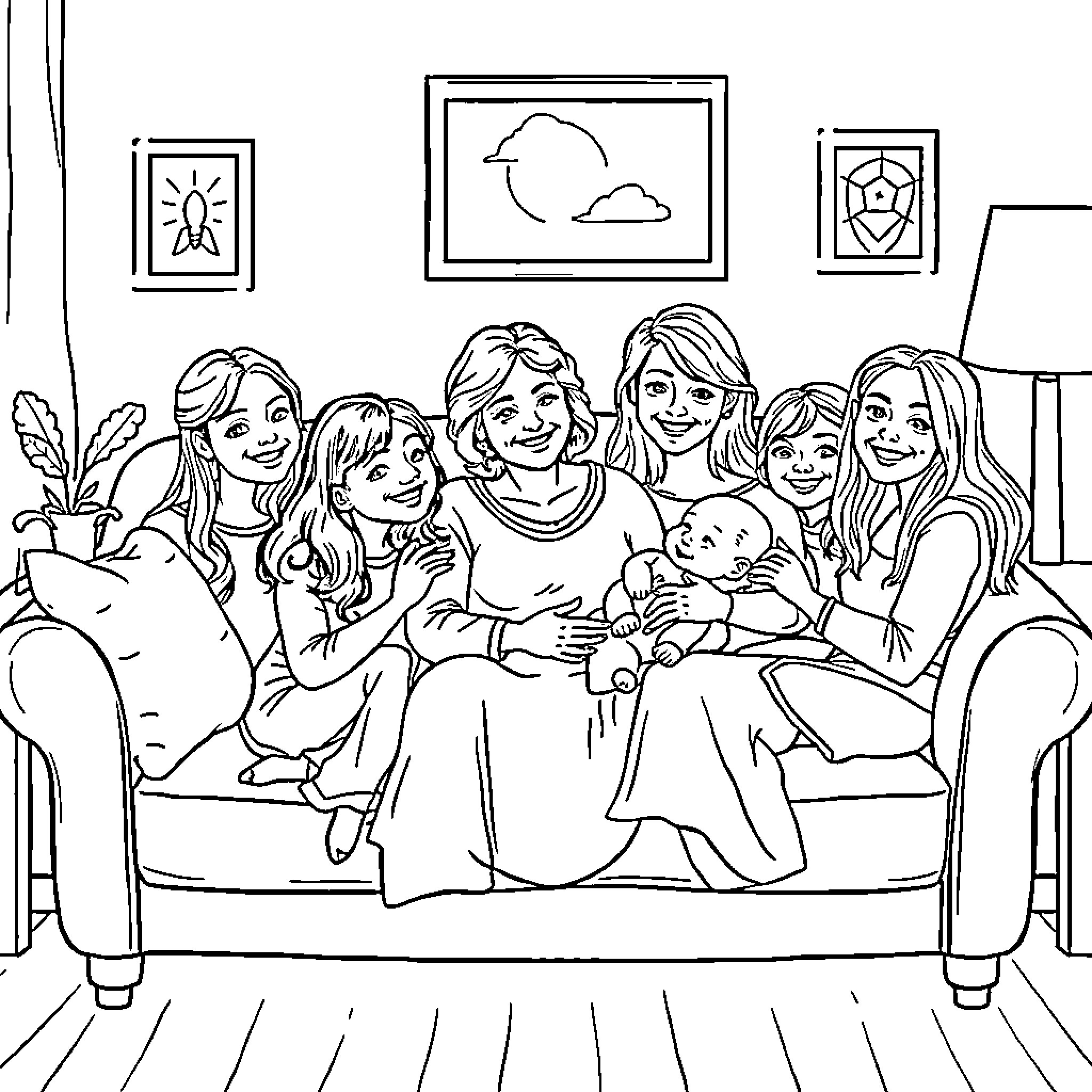 Mom surrounded by loving family in cozy living room Coloring Page (free black-and-white line drawing printable PDF for all, from beginners to advanced learners, including children, teens, adults, and seniors)