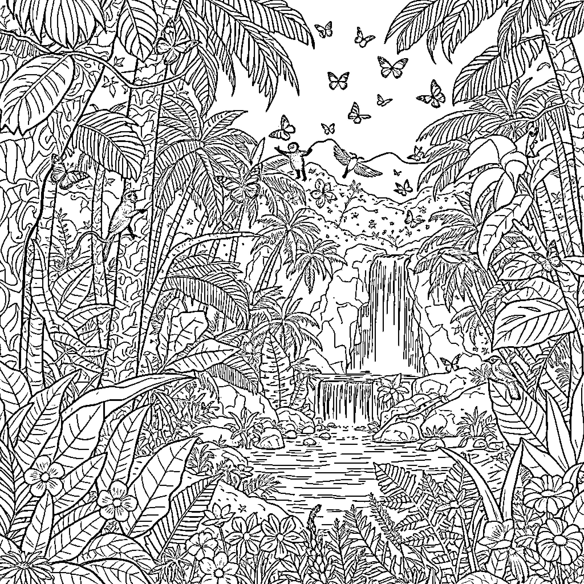 Forest of vibrant nature and tranquil waterfall Coloring Page (free black-and-white line drawing printable PDF for all, from beginners to advanced learners, including children, teens, adults, and seniors)