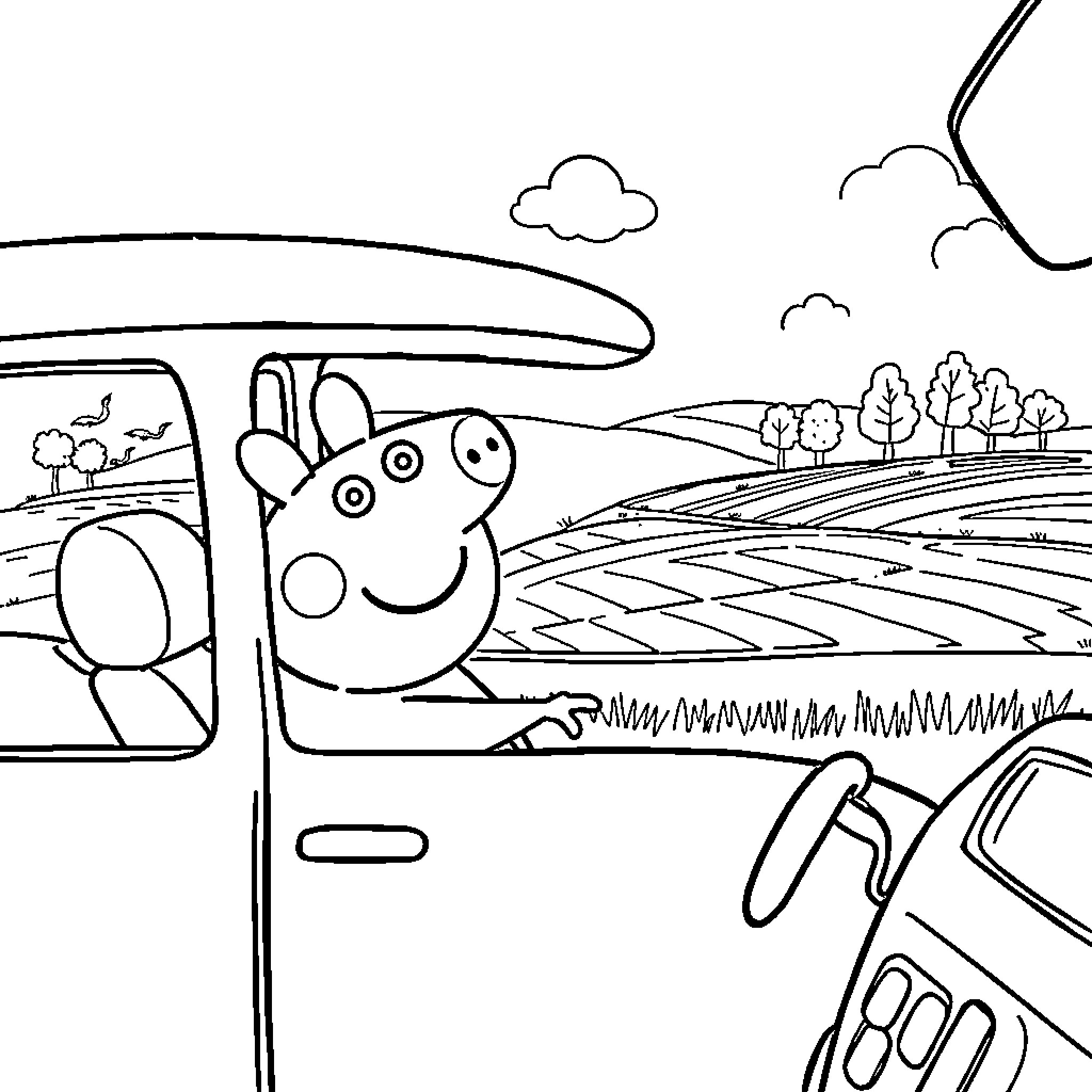 Peppa Pig riding in a car on the countryside Coloring Page (free black-and-white line drawing printable PDF for all, from beginners to advanced learners, including children, teens, adults, and seniors)