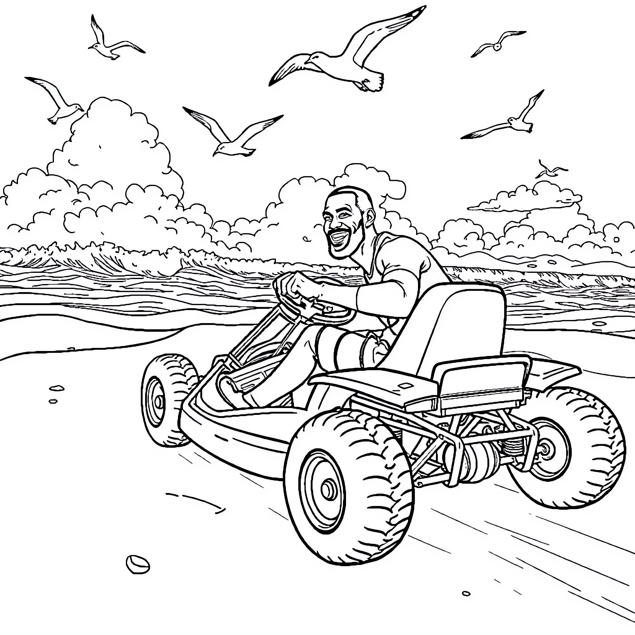 LeBron James riding an off-road vehicle on the beach Coloring Page (free black-and-white line drawing printable PDF for all, from beginners to advanced learners, including children, teens, adults, and seniors)