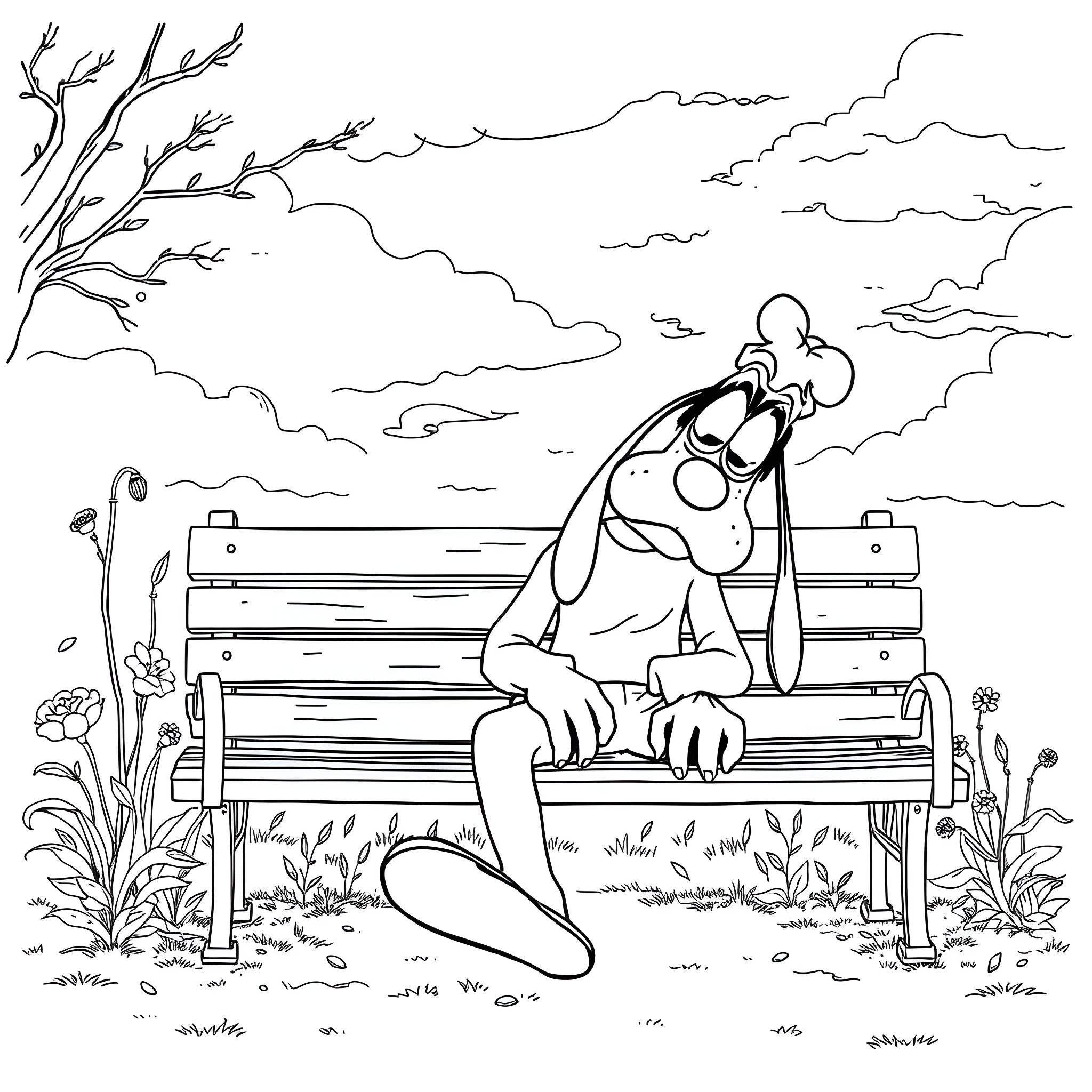 Goofy character relaxes on a park bench under a cloudy sky Coloring Page (free black-and-white line drawing printable PDF for all, from beginners to advanced learners, including children, teens, adults, and seniors)