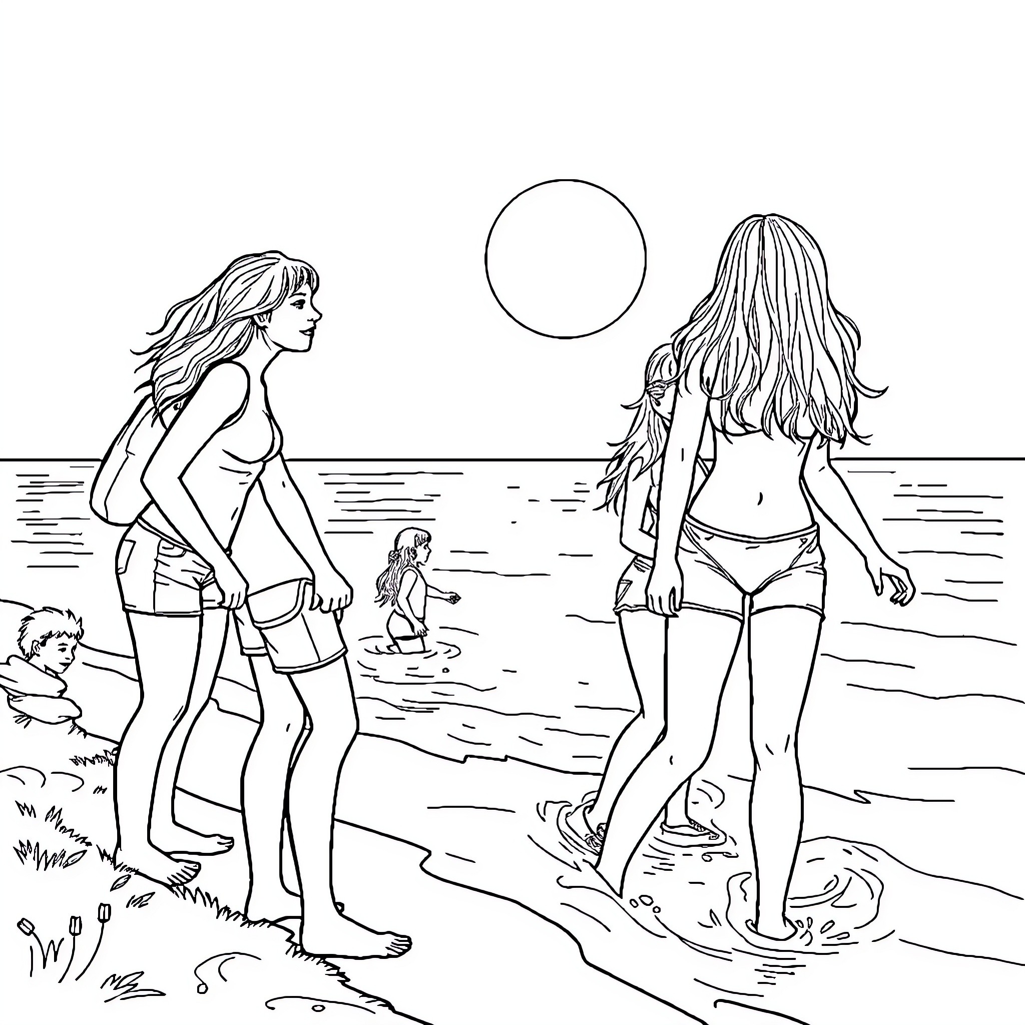 Teen friends enjoy a summer day at the beach Coloring Page (free black-and-white line drawing printable PDF for all, from beginners to advanced learners, including children, teens, adults, and seniors)