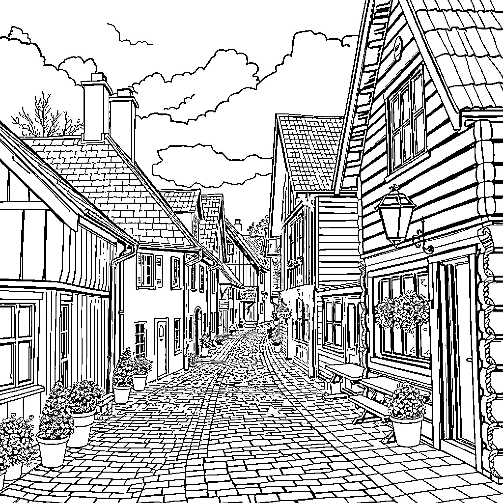 Färjestad: Charming Old Town Street Scene Coloring Page (free black-and-white line drawing printable PDF for all, from beginners to advanced learners, including children, teens, adults, and seniors)