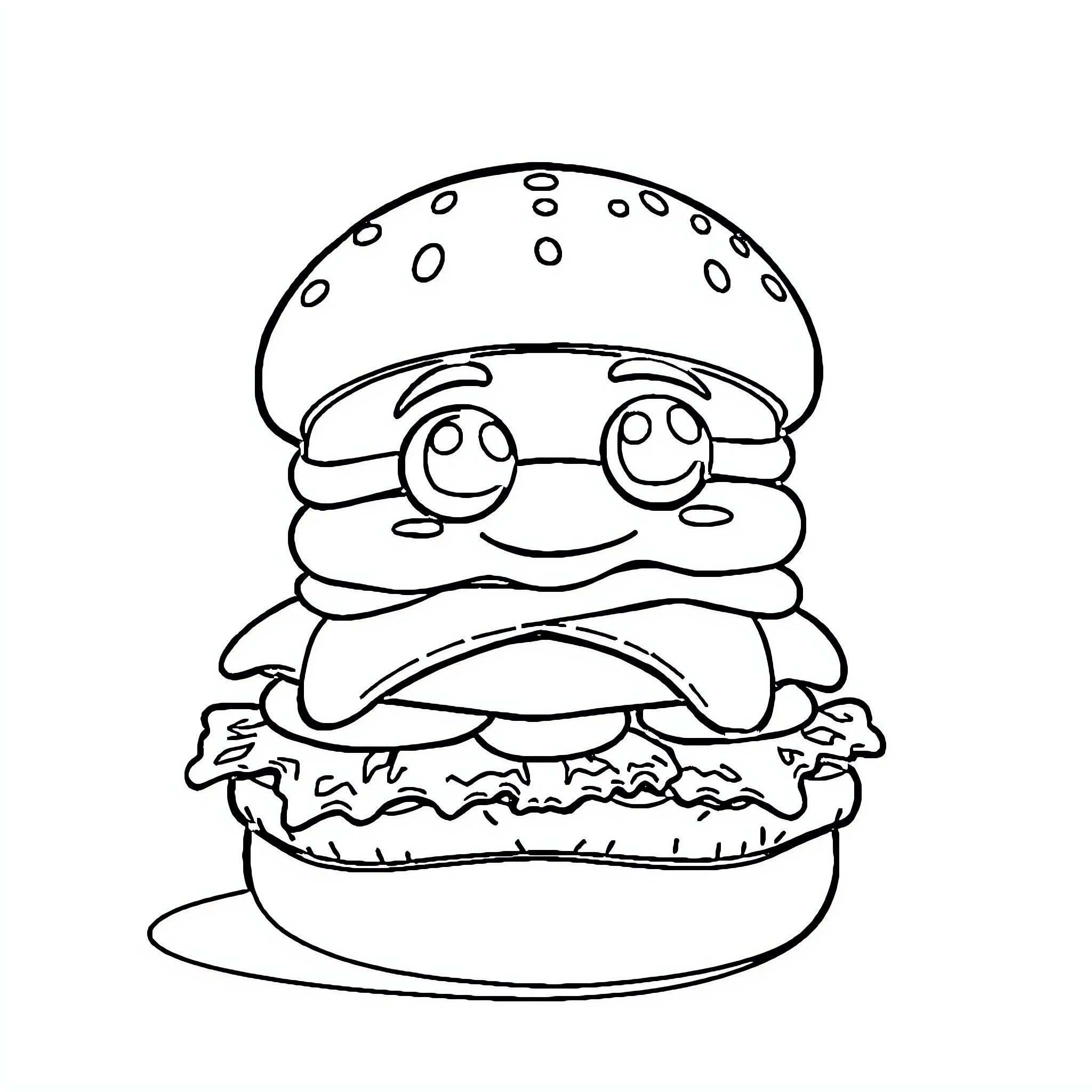 Hamburger character with happy expression Coloring Page (free black-and-white line drawing printable PDF for all, from beginners to advanced learners, including children, teens, adults, and seniors)