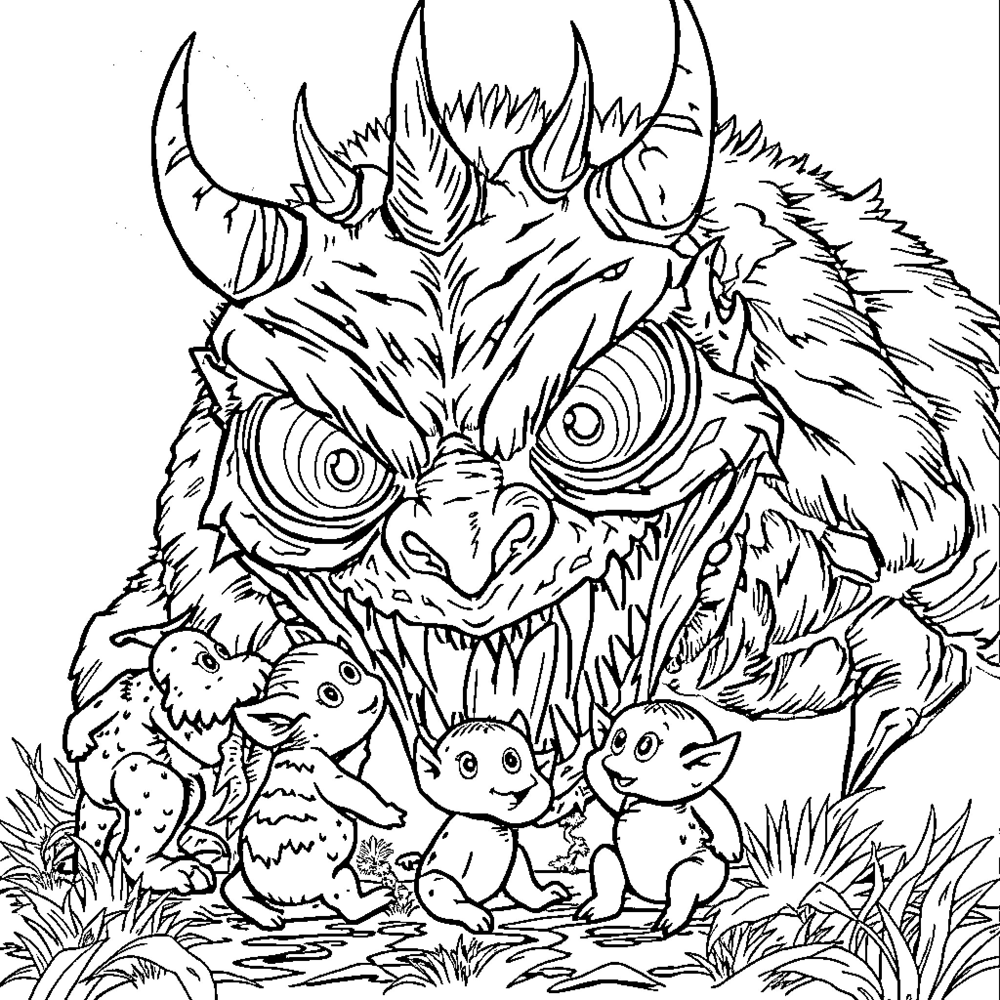 Monster menacing cute creatures in the wilderness Coloring Page (free black-and-white line drawing printable PDF for all, from beginners to advanced learners, including children, teens, adults, and seniors)