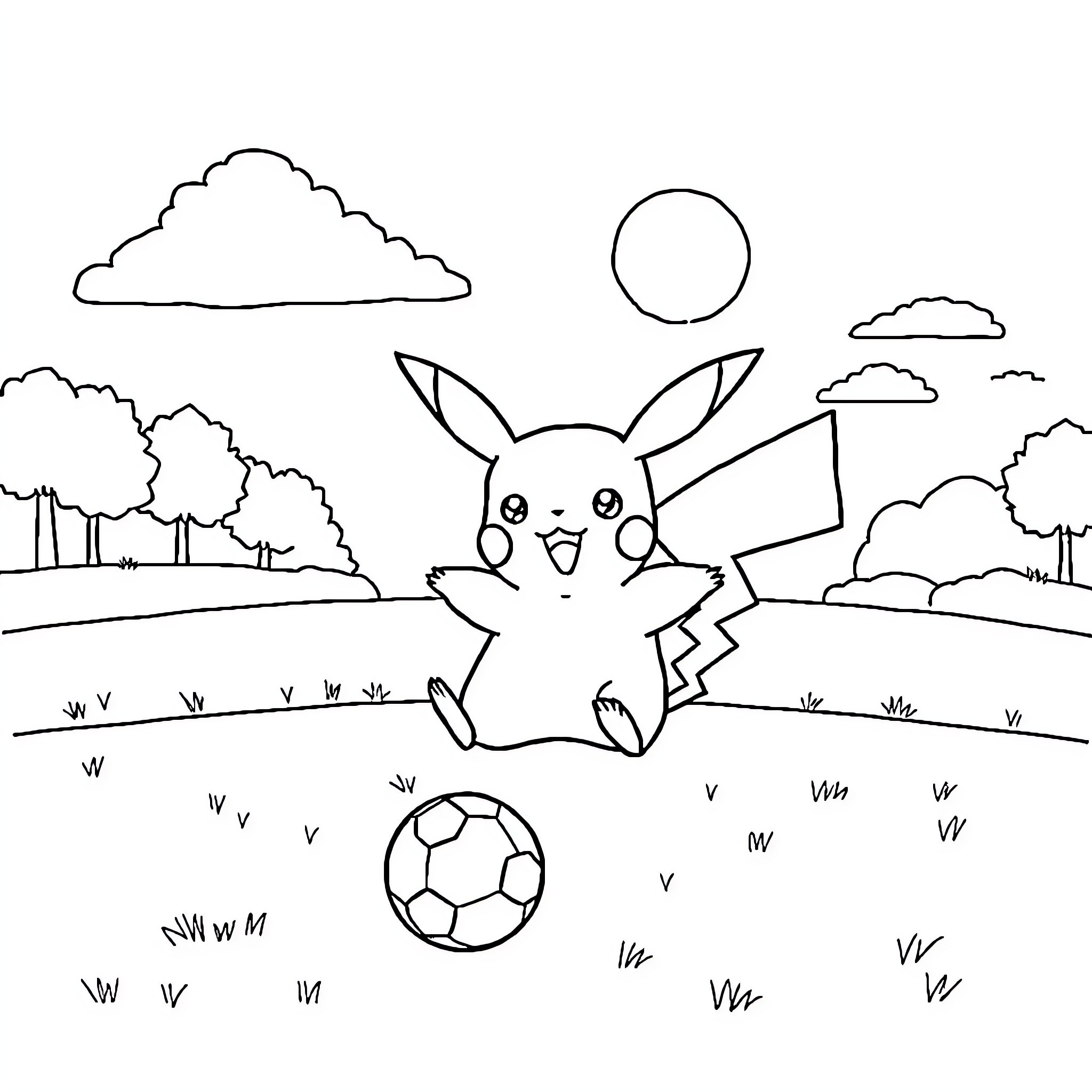 Pikachu playing with a soccer ball in the countryside Coloring Page (free black-and-white line drawing printable PDF for all, from beginners to advanced learners, including children, teens, adults, and seniors)