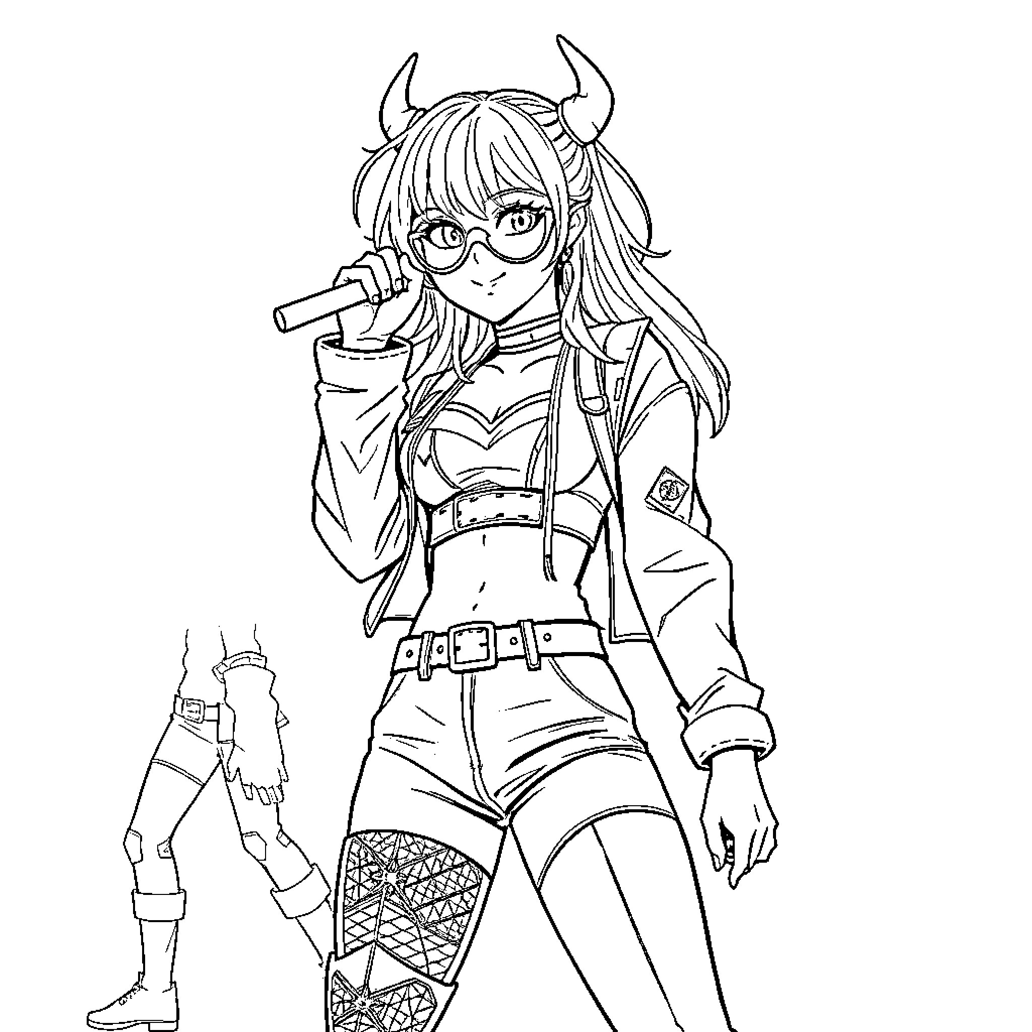 Rumi as a confident punk-inspired character Coloring Page (free black-and-white line drawing printable PDF for all, from beginners to advanced learners, including children, teens, adults, and seniors)