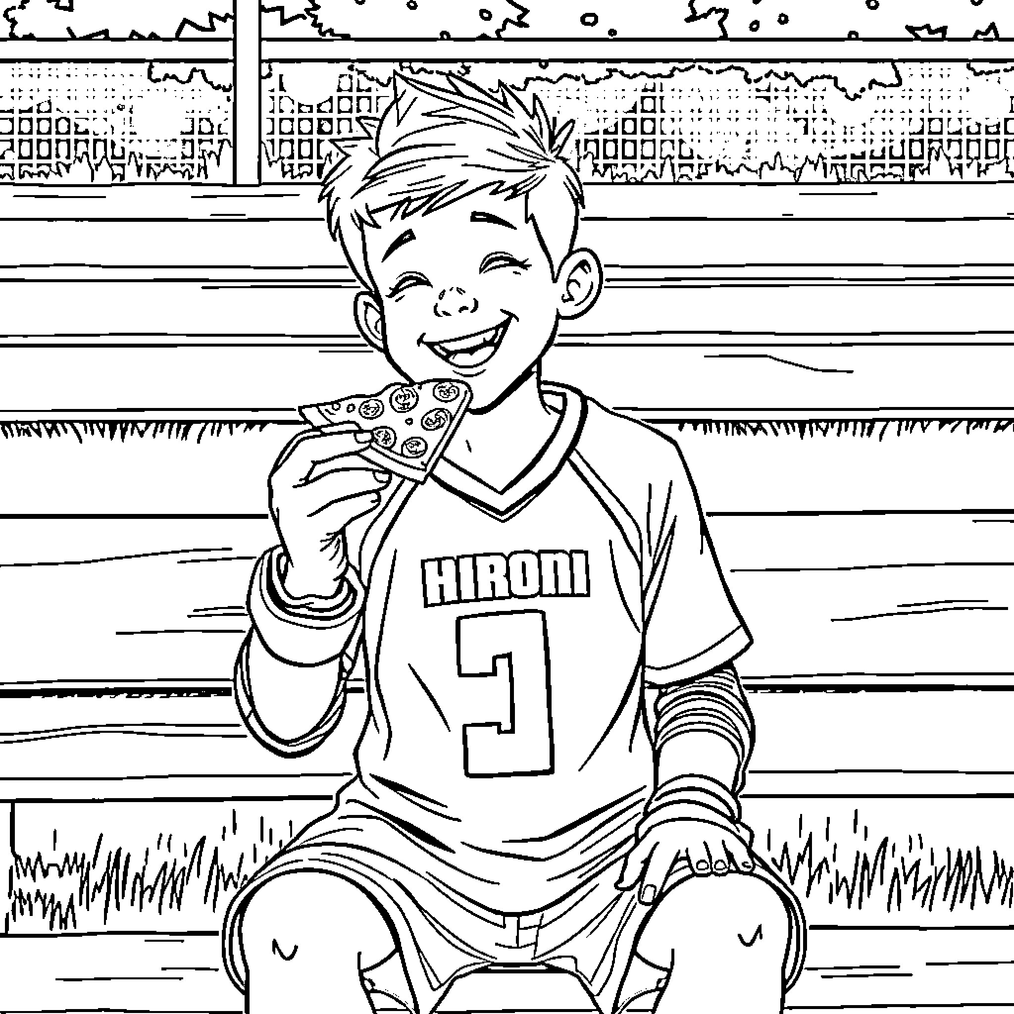 Lacrosse Player Enjoying a Snack Coloring Page (free black-and-white line drawing printable PDF for all, from beginners to advanced learners, including children, teens, adults, and seniors)