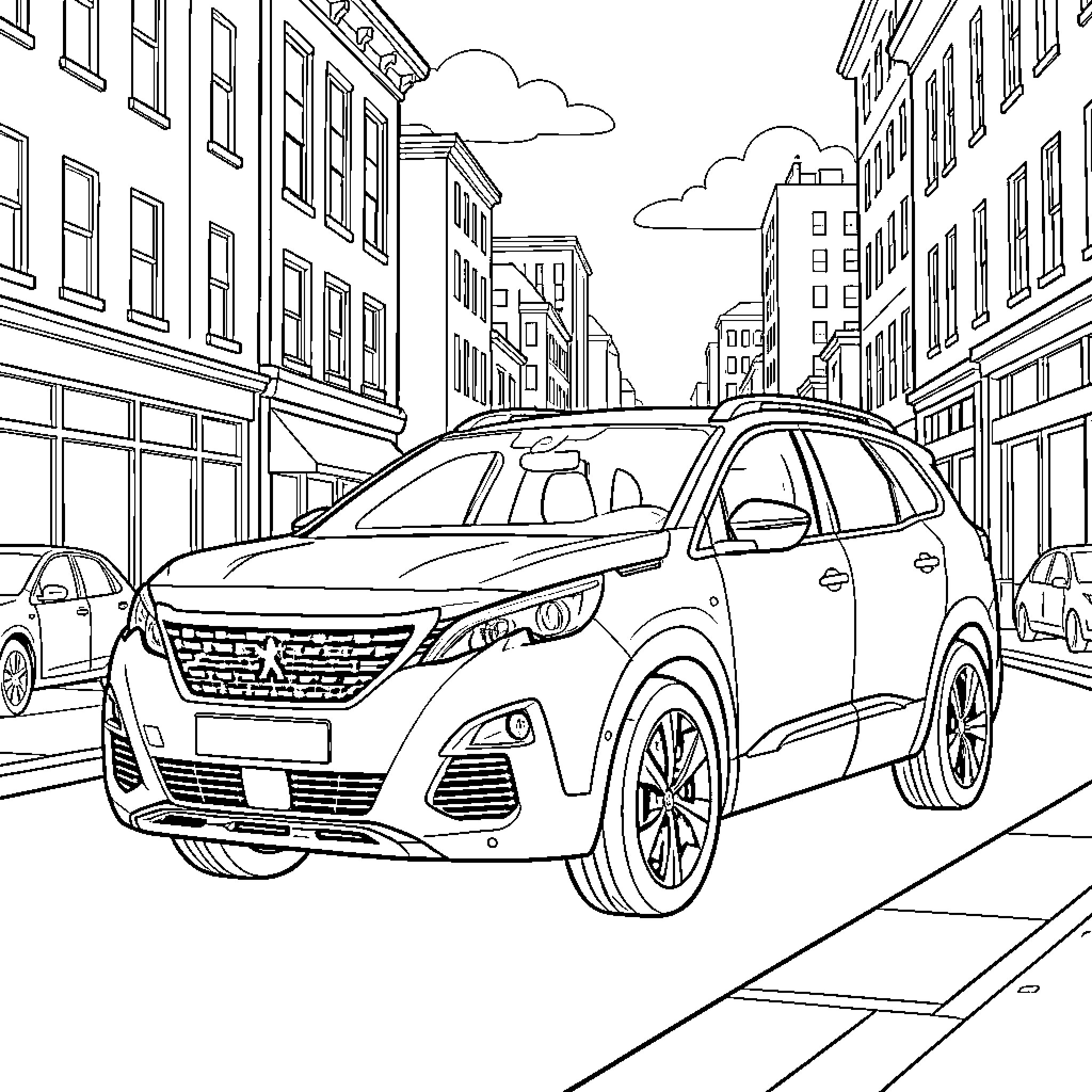 Peugeot car driving through a busy city street Coloring Page (free black-and-white line drawing printable PDF for all, from beginners to advanced learners, including children, teens, adults, and seniors)