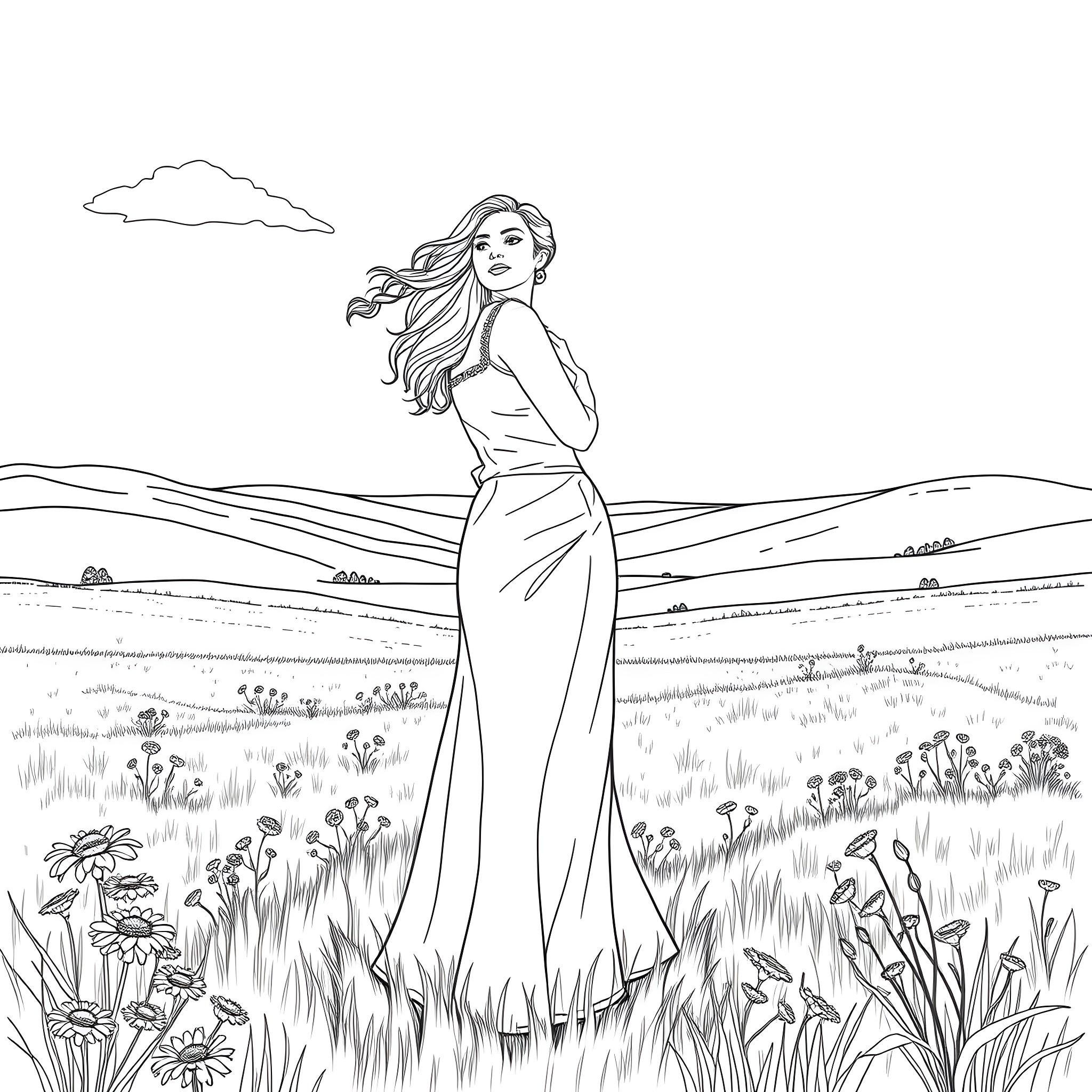 Jimena enjoying the serene countryside landscape Coloring Page (free black-and-white line drawing printable PDF for all, from beginners to advanced learners, including children, teens, adults, and seniors)