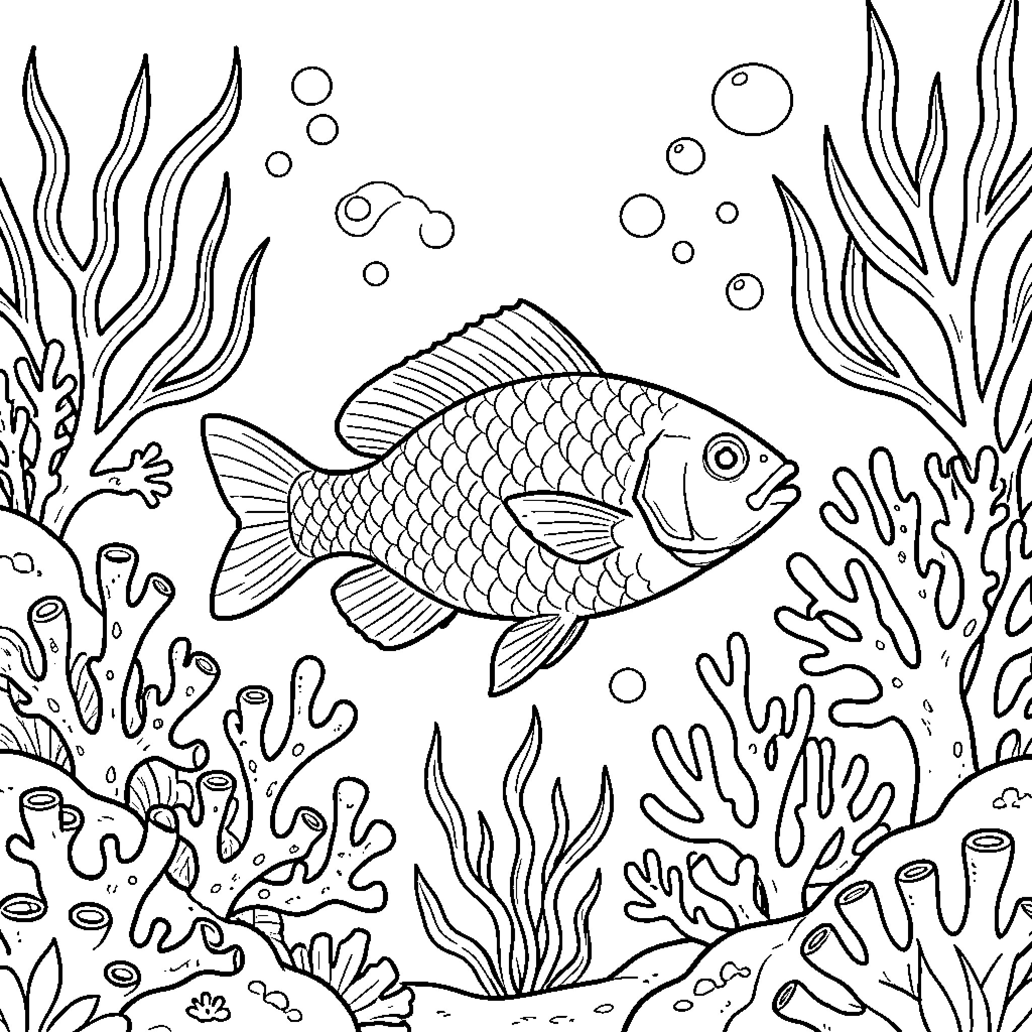 Pez Underwater Adventure Coloring Page (free black-and-white line drawing printable PDF for all, from beginners to advanced learners, including children, teens, adults, and seniors)