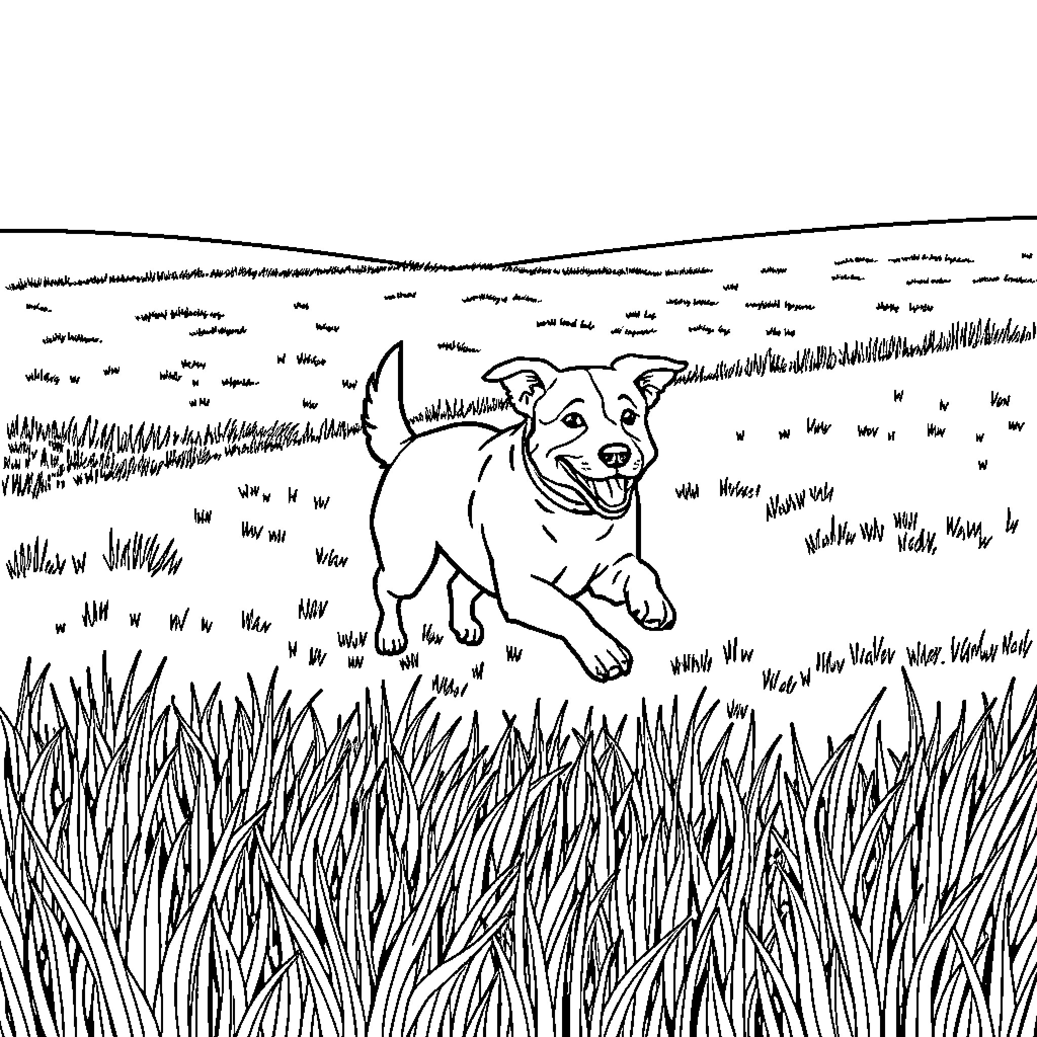 Dog running happily through the grassy field Coloring Page (free black-and-white line drawing printable PDF for all, from beginners to advanced learners, including children, teens, adults, and seniors)