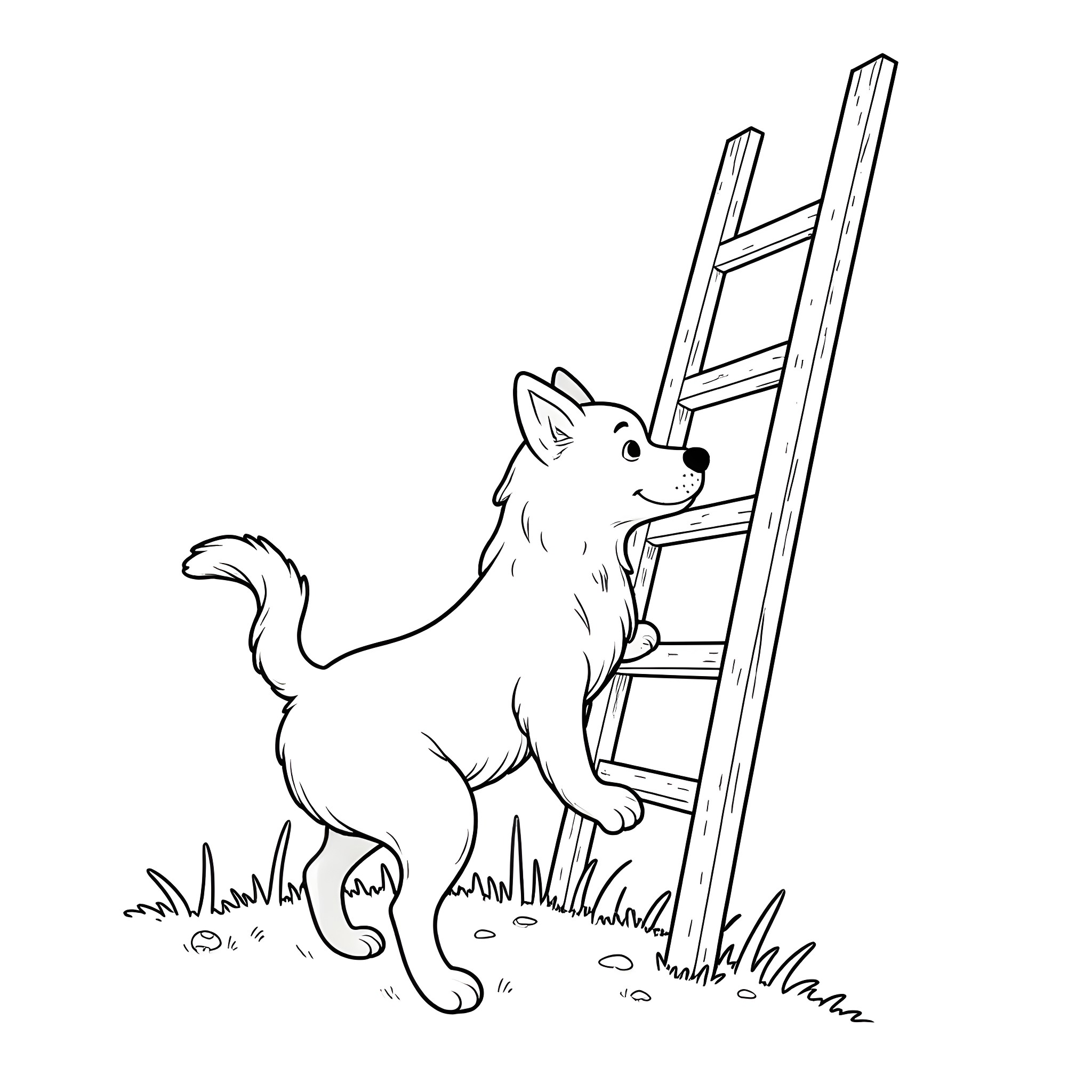 Dog climbing up a ladder in the yard Coloring Page (free black-and-white line drawing printable PDF for all, from beginners to advanced learners, including children, teens, adults, and seniors)