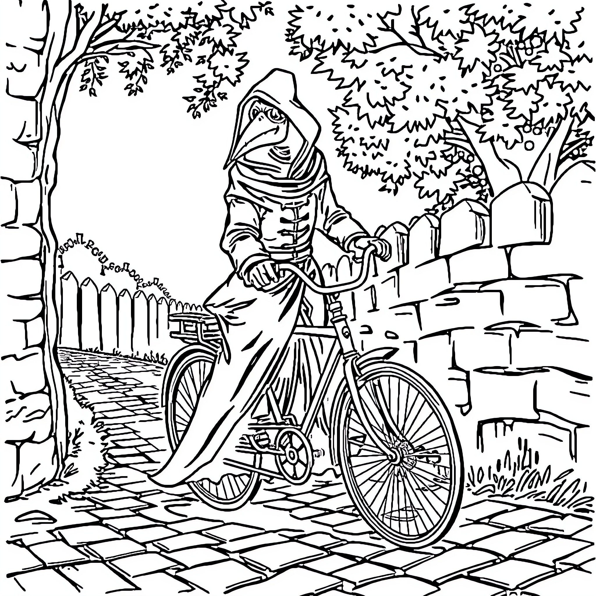 Plague Doctor Riding Bicycle Down Cobblestone Path Coloring Page (free black-and-white line drawing printable PDF for all, from beginners to advanced learners, including children, teens, adults, and seniors)