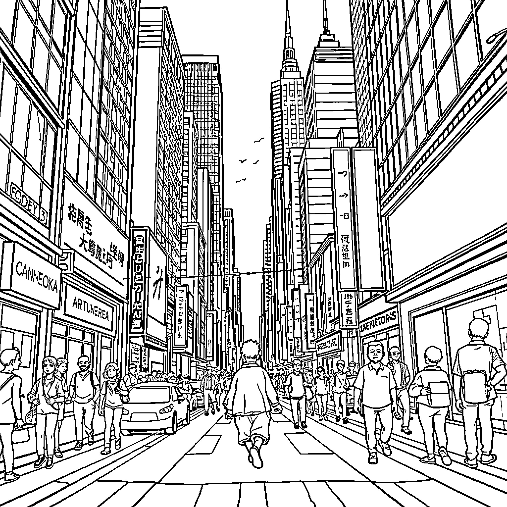 Sangoku's Bustling City Scenes of Towering Skyscrapers Coloring Page (free black-and-white line drawing printable PDF for all, from beginners to advanced learners, including children, teens, adults, and seniors)